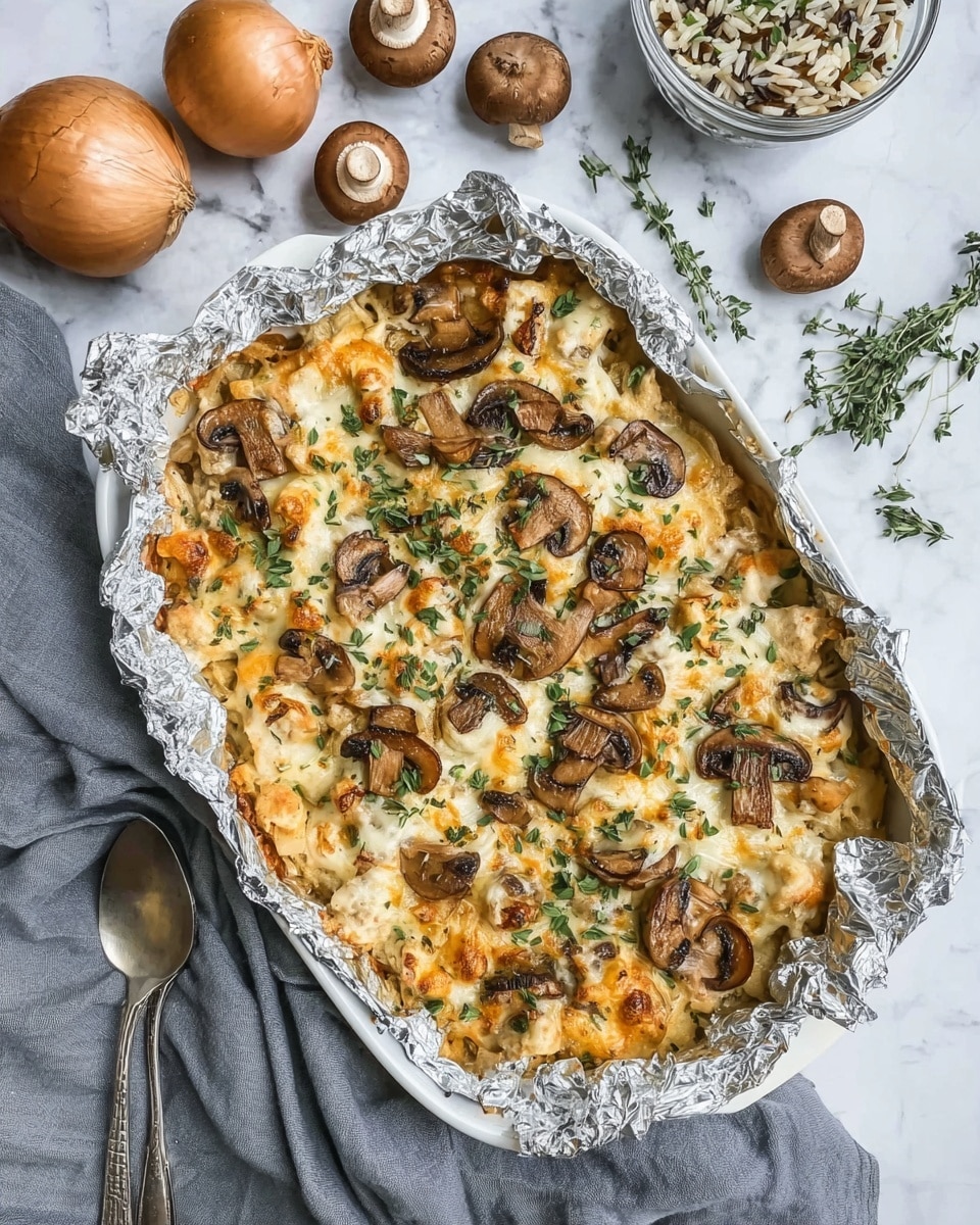 A white baking dish lined with crinkled aluminum foil holds a cheesy mushroom and chicken casserole. The top layer is golden melted cheese scattered with browned mushroom slices and small pieces of cooked chicken with a light brown color. Sprigs of fresh green herbs are spread on top, adding a touch of freshness. Surrounding the dish are whole mushrooms, a whole brown onion, a small glass bowl of mixed wild rice with a silver spoon, and some green herb sprigs, all placed on a white marbled surface with a soft gray cloth in the background. Photo taken with an iphone --ar 4:5 --v 7
