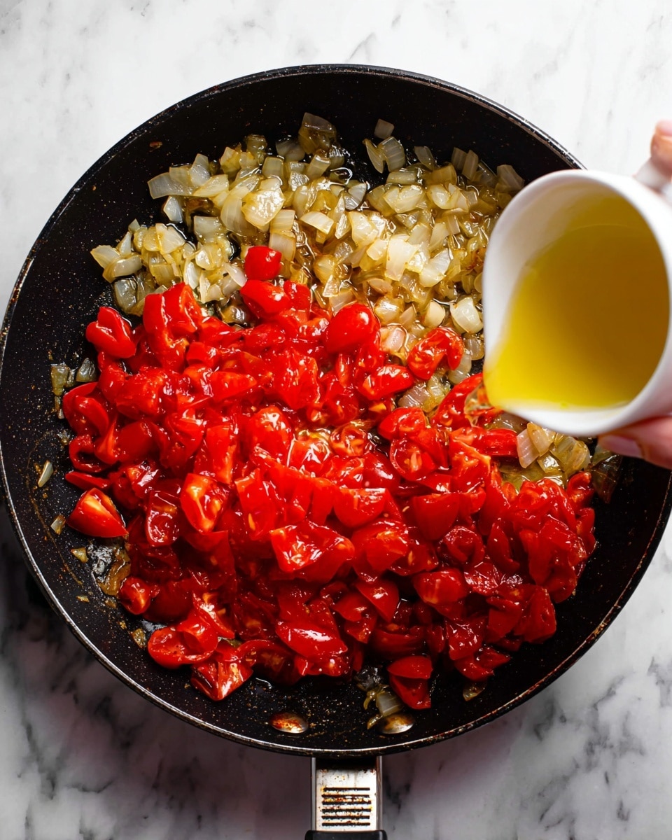 A black frying pan sits on a white marbled surface filled with cooked, diced onions that are soft and light brown on the left side and bright red chopped tomatoes with a shiny, slightly cooked texture covering most of the pan on the right side. A white measuring cup held by a woman's hand pours a clear golden liquid into the pan, adding a glistening wet layer over the tomatoes and onions. Photo taken with an iphone --ar 4:5 --v 7