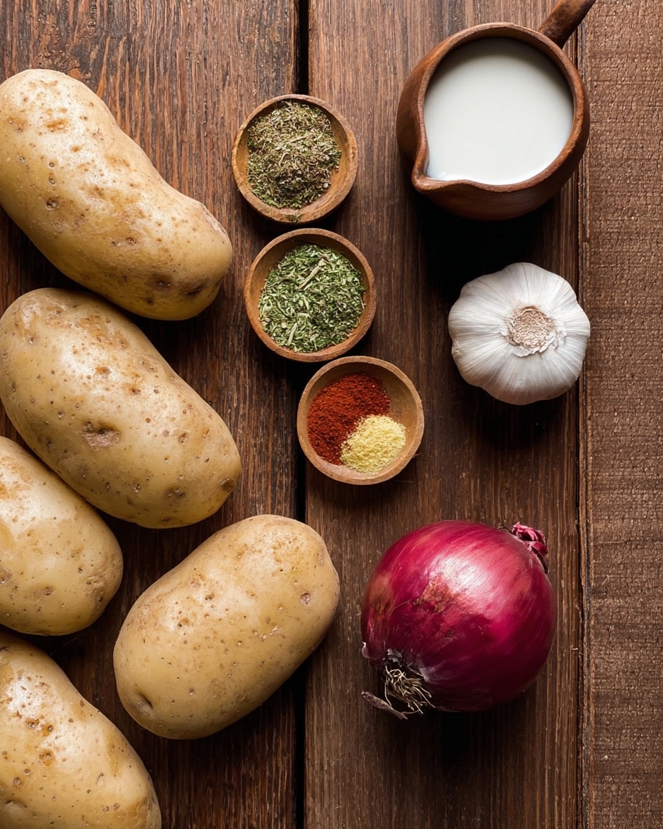 The image shows a wooden surface with several whole potatoes that are light brown with some specks and rough texture placed randomly across the bottom and sides. Near the top right, there is a white garlic bulb with papery skin and a short stem. Next to it, a small wooden bowl holds five piles of different dry spices in colors of green, yellow, and red, all sitting next to each other. Above the bowl, there is a small wooden pitcher filled with a white liquid. To the right of the potatoes, there is a whole red onion with a papery purple-red skin and a small dried stem sticking out. The white marbled texture surface is not visible here as the background is wooden. photo taken with an iphone --ar 4:5 --v 7
