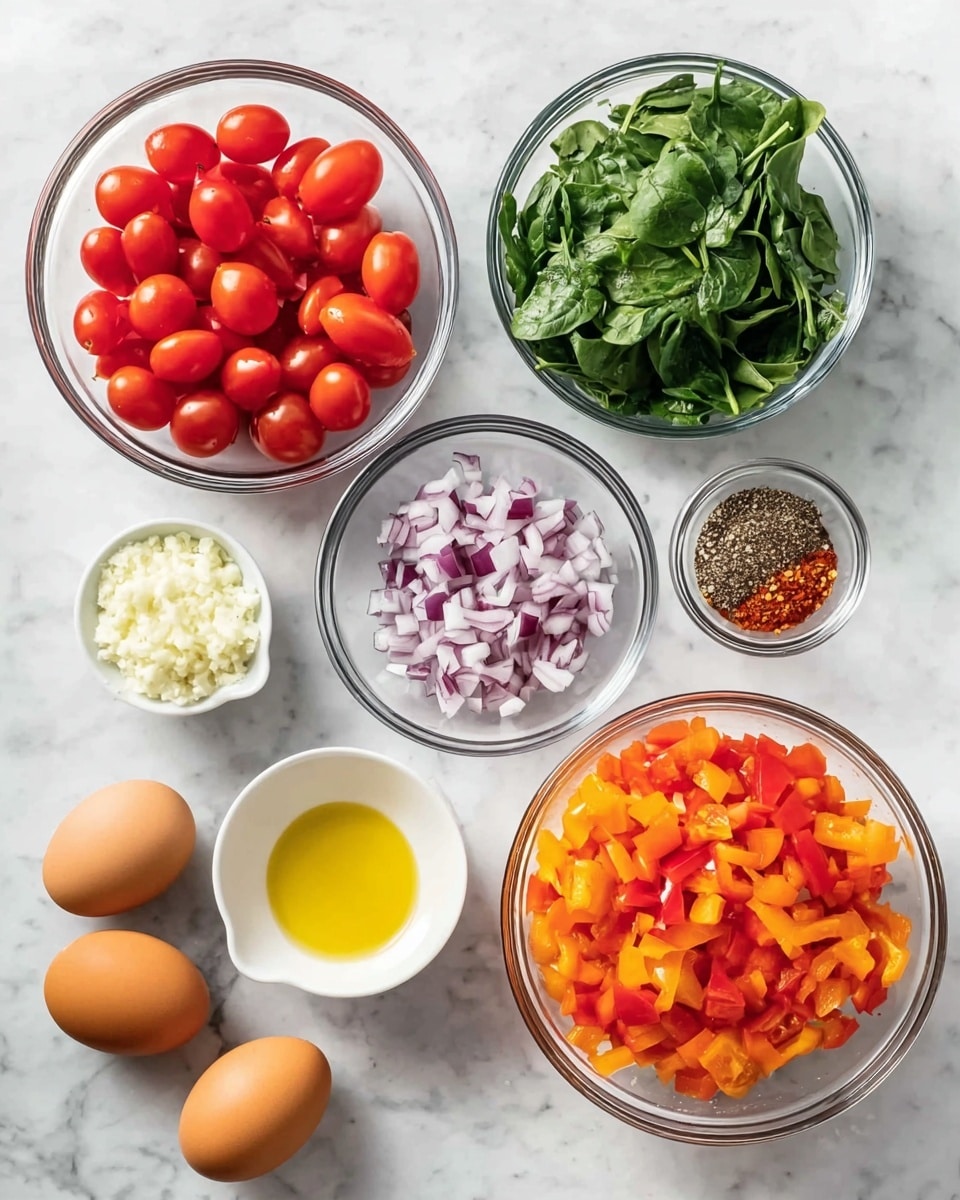 A white marbled surface holds several clear glass bowls with fresh ingredients, arranged neatly. One bowl is filled with bright red cherry tomatoes, another contains chopped fresh green spinach, and a third bowl is packed with diced vibrant orange bell peppers. There is also a small bowl with finely chopped red onions, a tiny bowl of minced garlic, and a small bowl filled with golden yellow olive oil. Four brown eggs lay directly on the white marbled surface near the ingredients. A small white bowl holds a mix of seasonings including salt, pepper, and red chili flakes. Everything looks fresh and ready for cooking. photo taken with an iphone --ar 4:5 --v 7