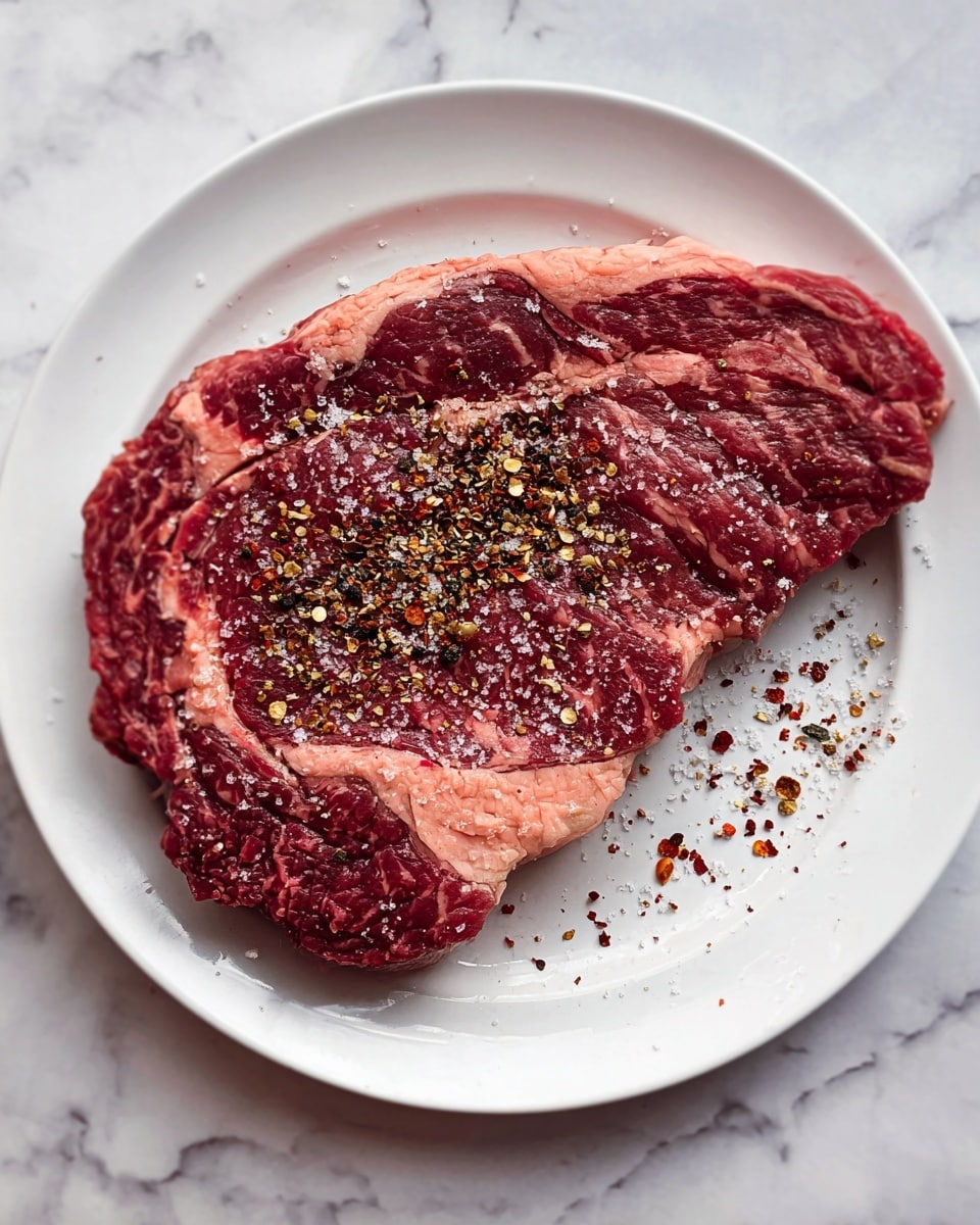 A thick raw steak with a red color and visible marbling sits on a white plate. The steak is sprinkled with coarse salt and a mix of crushed black and red pepper flakes. The meat shows texture with some fat layers around the edges. The plate rests on a white marbled surface. photo taken with an iphone --ar 4:5 --v 7
