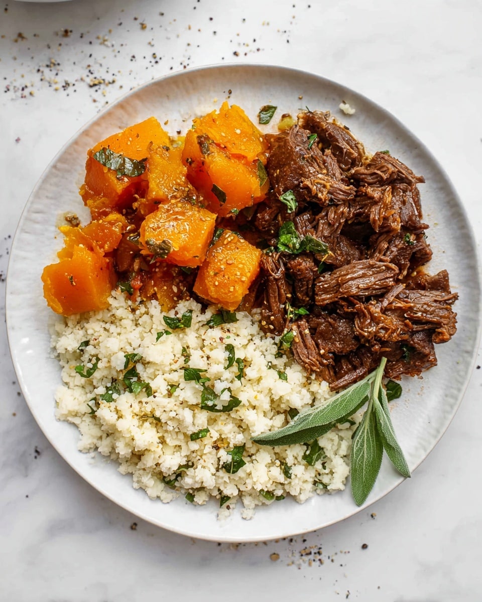 A white plate on a white marbled surface holds a meal with three layers: on the left side are large, soft orange chunks of cooked squash with a slightly shiny texture and some herbs sprinkled on top; next to the squash, moving right, is a portion of dark brown, tender shredded beef mixed with juices and small herb leaves; on the right side of the plate is a heap of white cauliflower rice with small green herb pieces and black pepper bits scattered over it. A small green herb sprig peeks out from under the squash, and a few specks of black pepper and herbs are scattered around the plate's edge. photo taken with an iphone --ar 4:5 --v 7