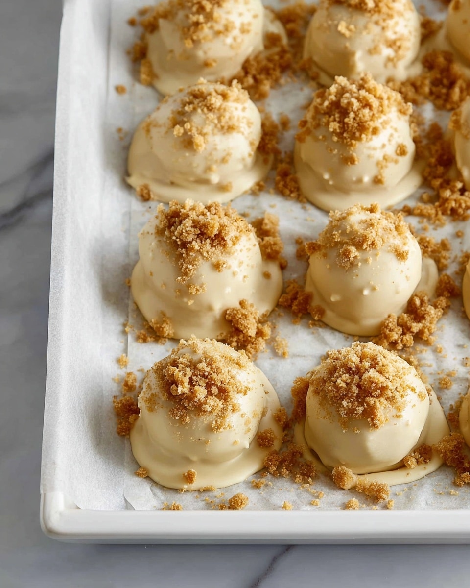 A white tray lined with parchment paper holds about a dozen small, round treats covered in a creamy light tan coating. Each treat is topped with a sprinkling of crumbly, golden-brown crumbs. The coating looks smooth with slight uneven edges where it drips down the sides. The tray is placed on a white marbled surface, adding a clean and bright background to the image. photo taken with an iphone --ar 4:5 --v 7