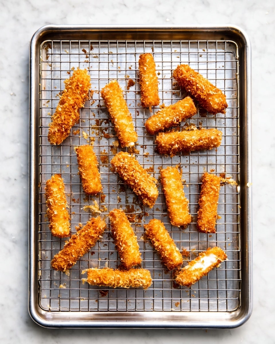 The image shows a silver baking tray with a wire rack inside it, placed on a white marbled surface. There are about seventeen golden-brown crispy fried sticks spread across the wire rack in no specific order. Each stick has a rough textured coating and is cylindrical in shape. Some sticks have white melted filling slightly oozing out from their ends. Small crumbs from the coating are scattered around the sticks on the wire rack. photo taken with an iphone --ar 4:5 --v 7