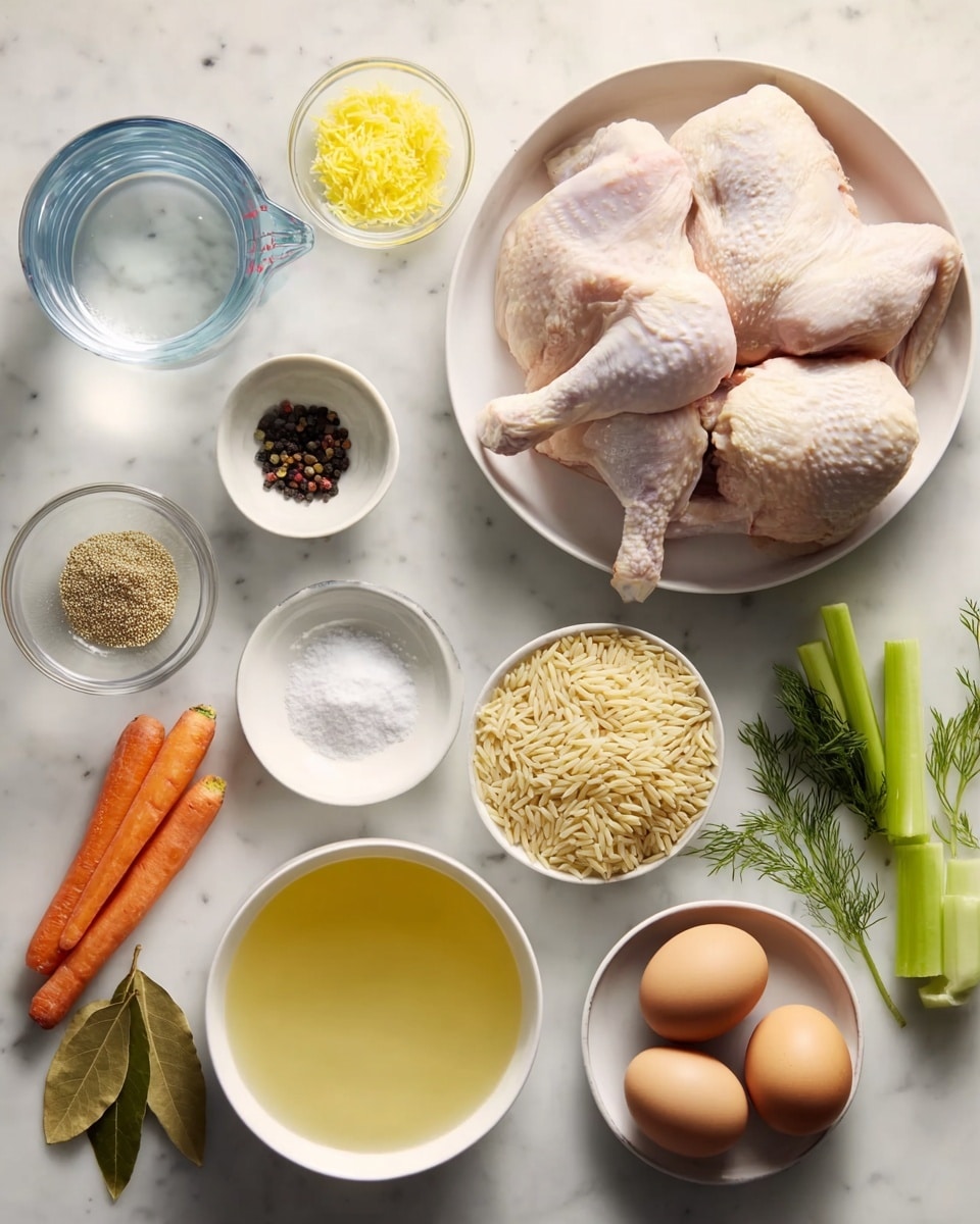 The image shows a top view of various ingredients neatly arranged on a white marbled surface. At the center-left, there is a white bowl filled with raw pieces of chicken, including a leg, thigh, wing, and breast, all showing pale pink skin textures. Around this bowl, there are small bowls and plates containing other ingredients: a clear glass measuring cup filled with water at the top left, a small white bowl with yellow lemon zest, a small white bowl with ground black pepper, a round white plate with salt, three black peppercorns, and two bay leaves at the bottom left, a small clear glass bowl with light yellow chicken broth near the center top, a small clear glass bowl of dry orzo pasta at the top right, a white bowl on the middle right side with peeled onion halves, celery stalks, and thick carrot pieces, a small white bowl with three brown eggs at the bottom right, and some fresh dark green dill sprigs placed between the orzo and the vegetables. The overall arrangement is clean and organized, with soft natural lighting enhancing textures and colors. Photo taken with an iphone --ar 4:5 --v 7