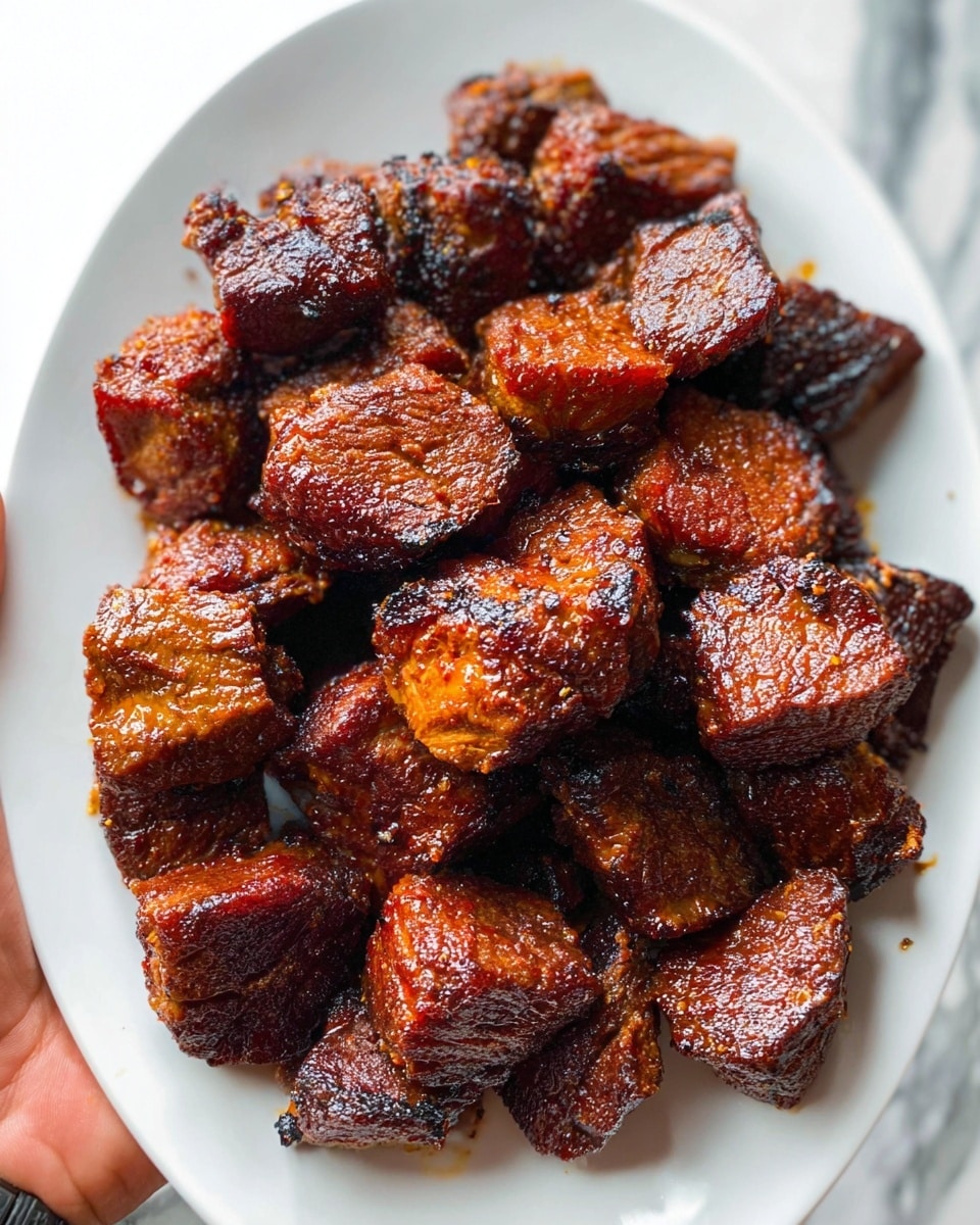 The image shows a white plate filled with many pieces of cooked meat cubes. Each piece is dark brown with a shiny, slightly oily surface and some blackened, crispy edges. The meat looks well-seared with a mix of rough and smooth textures, and the pieces are tightly packed together on the plate. A woman's hand holds the plate at the bottom right corner. The background is a white marbled surface. Photo taken with an iphone --ar 4:5 --v 7