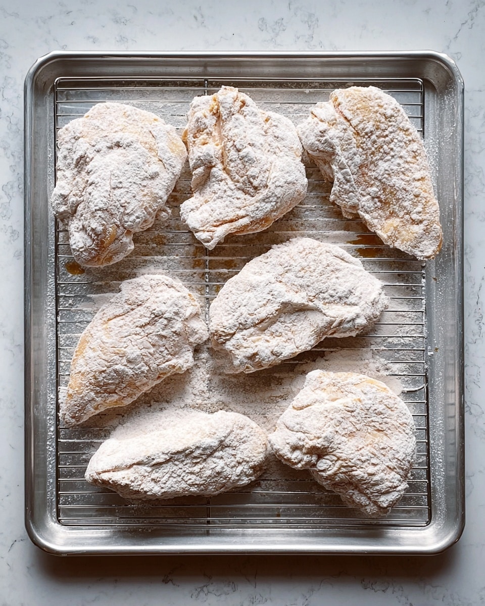 The image shows seven pieces of raw chicken coated in a thick layer of white flour, arranged on a metal wire rack above a baking tray. The chicken pieces vary in size and shape, with some long and thin, others more rounded, all covered unevenly with flour that creates a rough and powdery texture on the surface. The baking tray is silver and shiny, placed on a white marbled textured surface. The overall colors are light beige from the chicken peeking through and white from the flour dust. photo taken with an iphone --ar 4:5 --v 7