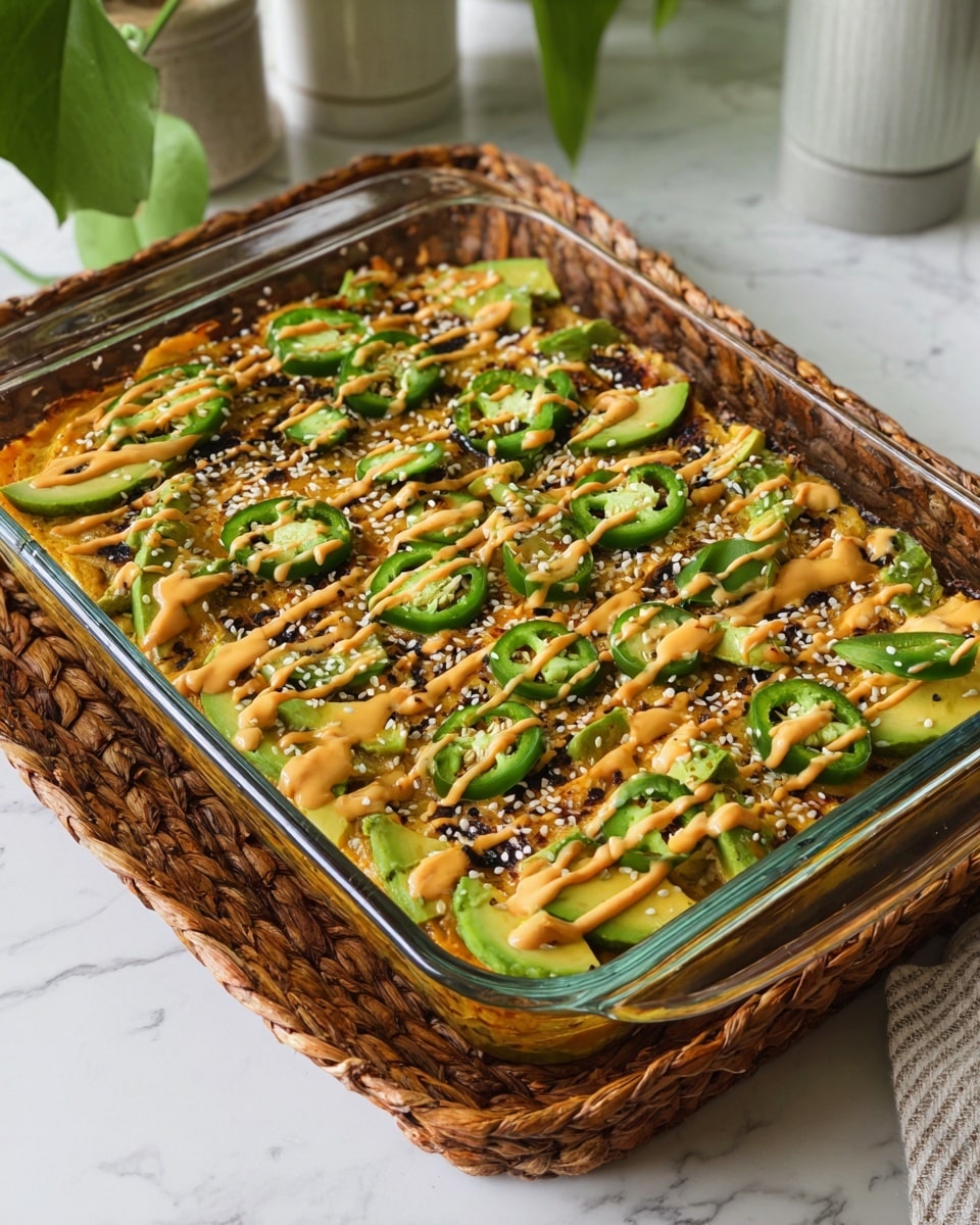 A rectangular glass baking dish sits inside a woven basket on a white marbled surface. Inside the dish is a layered casserole with visible green slices of avocado and jalapeño rings spread evenly on top. There is a drizzle of creamy orange sauce covering the top, along with a sprinkle of white sesame seeds for texture. The top layer has a slightly charred look in spots, giving it a grilled effect. In the background, there are blurred kitchen items and green leaves adding soft color. Photo taken with an iphone --ar 4:5 --v 7