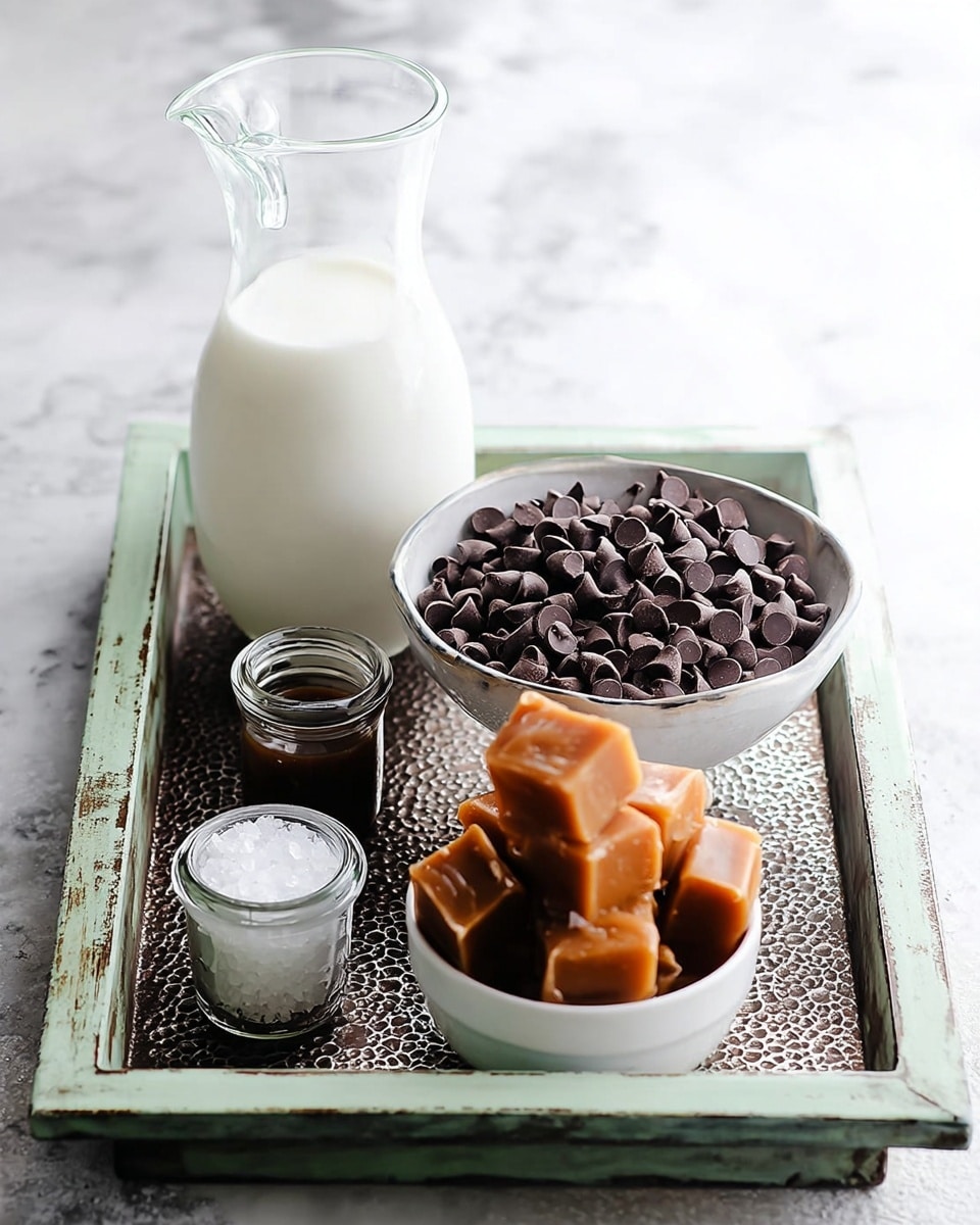 A white ceramic bowl filled with small dark chocolate chips sits on the right side of a textured metal tray. In front of it, there's a smaller white bowl stacked with caramel cubes showing their smooth, shiny light brown surfaces. To the left, a clear glass jar holds a dark liquid, while a small metal container nearby contains coarse white salt crystals. Standing tall towards the back left of the tray is a clear glass carafe filled with fresh white milk. The tray has a greenish border and is placed on a surface with a white marbled texture photo taken with an iphone --ar 4:5 --v 7
