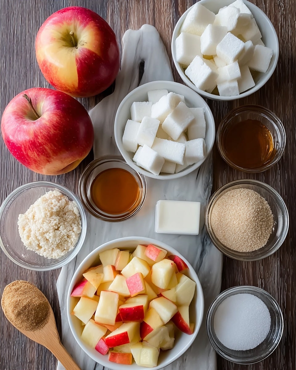 The image shows an arrangement of ingredients on a dark wooden surface, with a focus on two whole red apples, two white bowls filled with apple pieces, and several small white and clear glass bowls holding different dry and liquid ingredients. The apples have a red and yellow gradient, and the apple pieces vary from chunky to smaller cubes, showing both the red skin and white inside. The bowls contain white sugar cubes, a powdery white substance, and pale crumbly bits, along with small amounts of brown liquid, suggesting honey or syrup. A brown wooden spoon with a coarse brown powder rests near the apples. The ingredients are neatly placed in a balanced composition, with the largest bowl in the foreground filled with apple chunks and other smaller bowls arranged around it. The background surface is changed to a white marbled texture. photo taken with an iphone --ar 4:5 --v 7