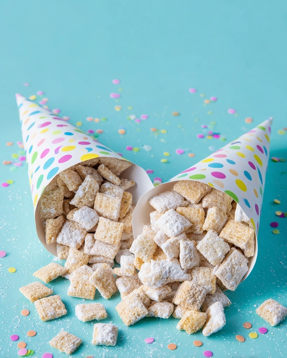 The image shows two paper cones with colorful dots, both filled with square-shaped cereal pieces covered in a white powdery coating that looks like sugar. The cones rest on a smooth light blue surface, with some cereal pieces spilling out around them. The cereal pieces have a textured, crispy look with a mix of light yellow and white colors, with the white powder layered on top, giving a snowy effect. The scene is clean and bright, with a playful and light feel, arranged casually. photo taken with an iphone --ar 4:5 --v 7