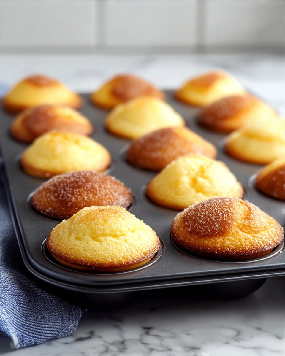 The image shows a black muffin tray with twelve golden brown muffins. Each muffin has a slightly rounded top with a light sprinkle of sugar giving it a sparkling effect. The muffins' color changes slightly from light yellow at the base to a darker golden brown on the top. The tray sits on a white marbled surface with a blue and white cloth partly visible on the left side. The background is softly blurred with white tiles. photo taken with an iphone --ar 4:5 --v 7