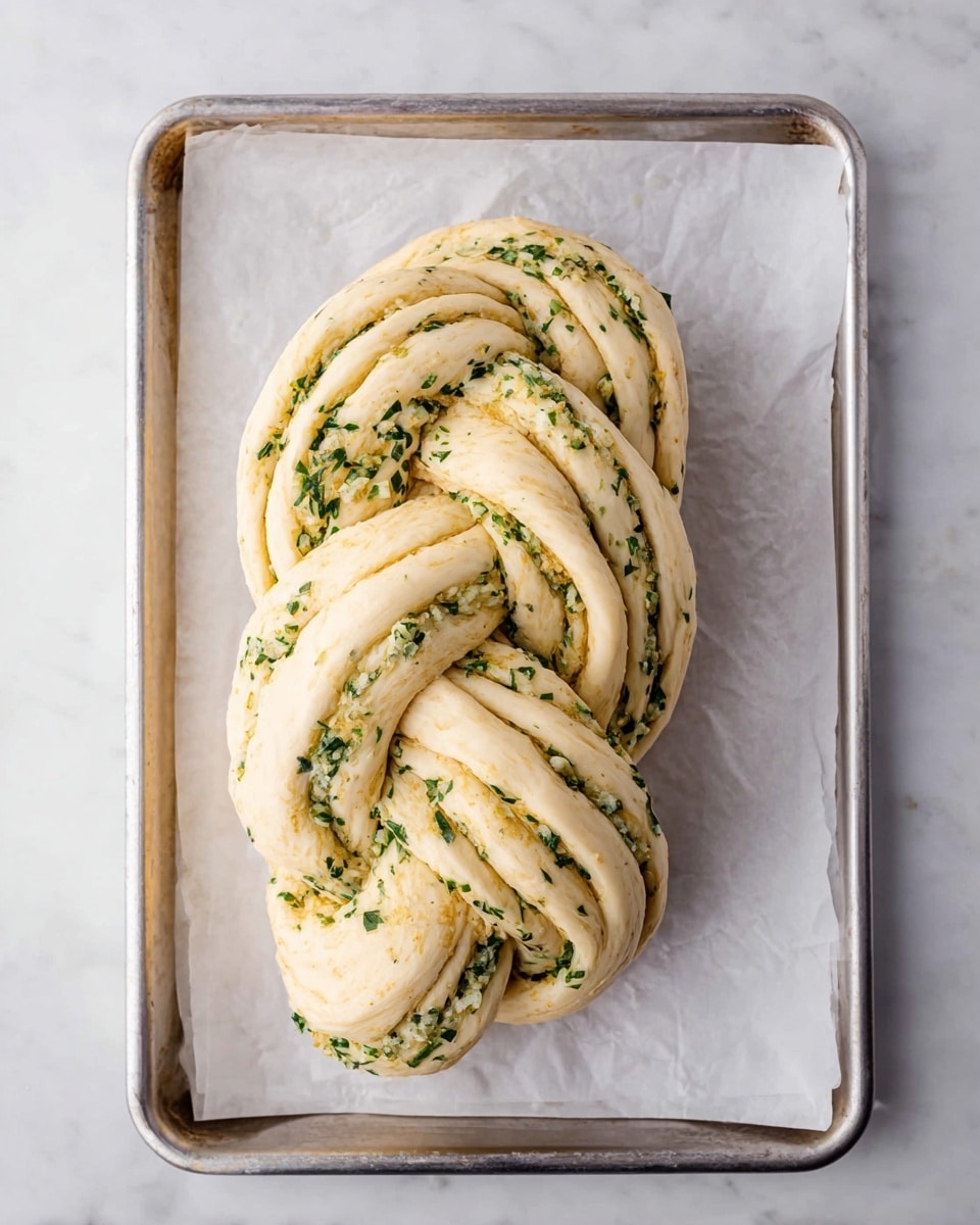 A twisted dough loaf with three thick layers braided together, each layer pale yellow with green herb bits spread evenly inside, resting on a sheet of white parchment paper on a metal baking tray; the whole scene is set against a white marbled textured background. photo taken with an iphone --ar 4:5 --v 7