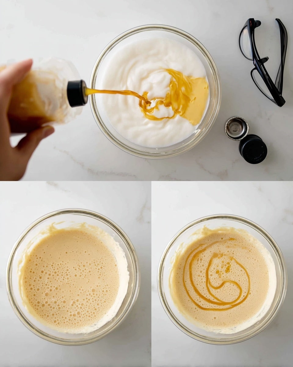 The images show the top view of a clear glass mixing bowl on a white marbled surface with a pair of black glasses and two bottle caps nearby. In the first image, a woman's hand is pouring a light brown liquid from a bottle into a bowl filled with white frothy foam. In the second image, the bowl is filled mostly with white foam, with golden yellow syrup and a small piece of butter placed in a swirl pattern on top. In the third image, the contents inside the bowl are mixed smoothly and evenly, showing a creamy light beige frothy liquid inside the bowl. Photo taken with an iphone --ar 4:5 --v 7