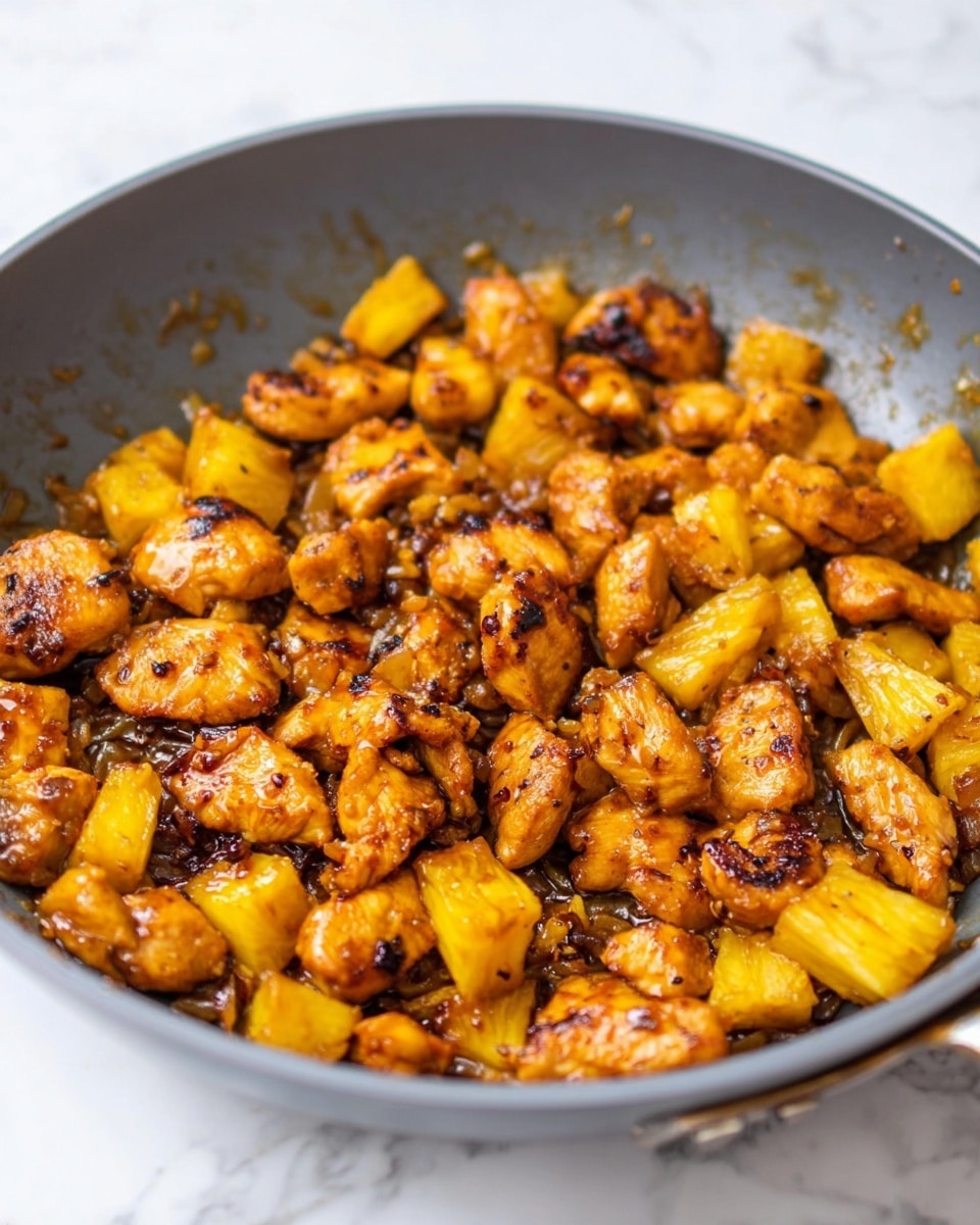 In a close-up view of a grey frying pan filled with cooked chicken pieces and pineapple chunks, the chicken is golden brown with some crisp, darker edges, and the pineapple shows bright yellow tones with slight caramelized spots. The chicken and pineapple pieces are mixed together, with small bits of browned onion or spice scattered throughout. The pan sits on a white marbled surface, and the food looks glossy from a sauce coating. photo taken with an iphone --ar 4:5 --v 7