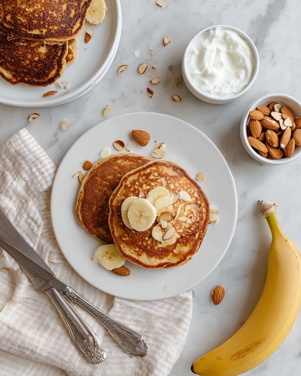 Three brown pancakes with a soft texture are stacked on a white plate. On top and around the pancakes are light yellow banana slices and pieces of brown almonds. To the left, some pancakes rest on another white plate. Nearby, a small white bowl contains thick white yogurt, and a small white dish holds whole almonds. A yellow banana lies next to the dish of almonds. The setup is on a white marbled surface with a silver knife and fork placed on a beige striped cloth. Photo taken with an iphone --ar 4:5 --v 7