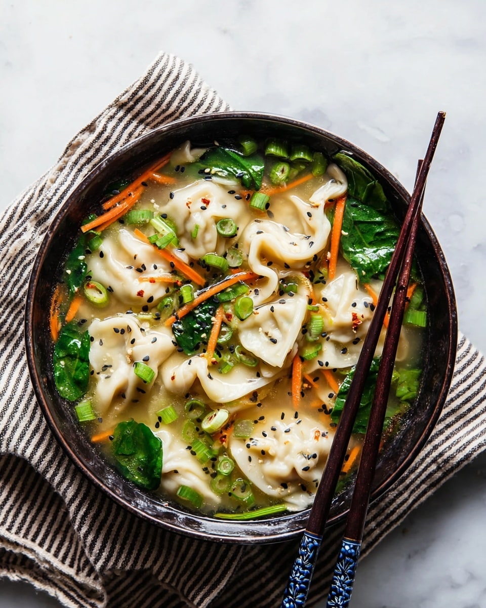 A dark bowl filled with a clear broth soup containing multiple dumplings with pale white skins, scattered with small bits of chopped green onions and thin orange carrot strips around them. Bright green spinach leaves float on the surface, along with black sesame seeds sprinkled evenly over the dish. A pair of dark brown chopsticks with blue and white patterned grips rest on the edge of the bowl, placed on top of a striped cloth on a white marbled surface. photo taken with an iphone --ar 4:5 --v 7