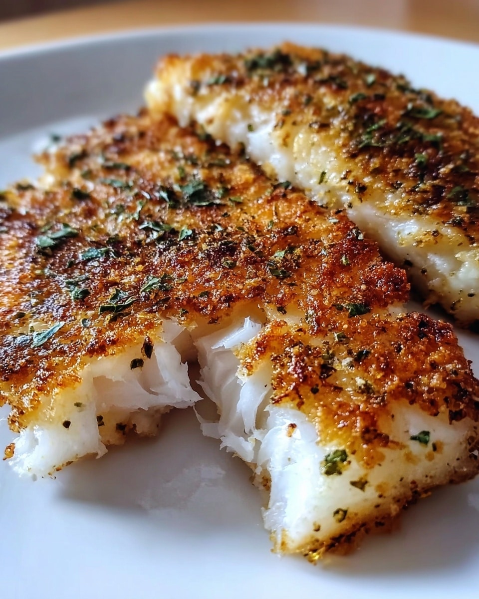 Two pieces of cooked fish fillet with a crispy browned crust, seasoned with green herbs and black pepper, are placed close together on a white plate. The fish inside looks white and soft, slightly flaky, showing fresh texture where one piece is gently separated from the other. The surface under the plate is a white marbled texture. photo taken with an iphone --ar 4:5 --v 7