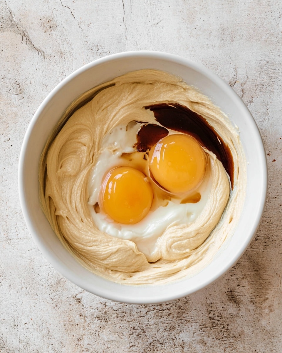 A white bowl filled with a thick layer of creamy beige batter swirled around the edges, topped with two raw eggs with bright yellow yolks and clear egg whites sitting in the center, along with a dark brown liquid, likely vanilla extract, pooling on one side of the batter. The bowl is set on a white marbled textured surface. Photo taken with an iphone --ar 4:5 --v 7