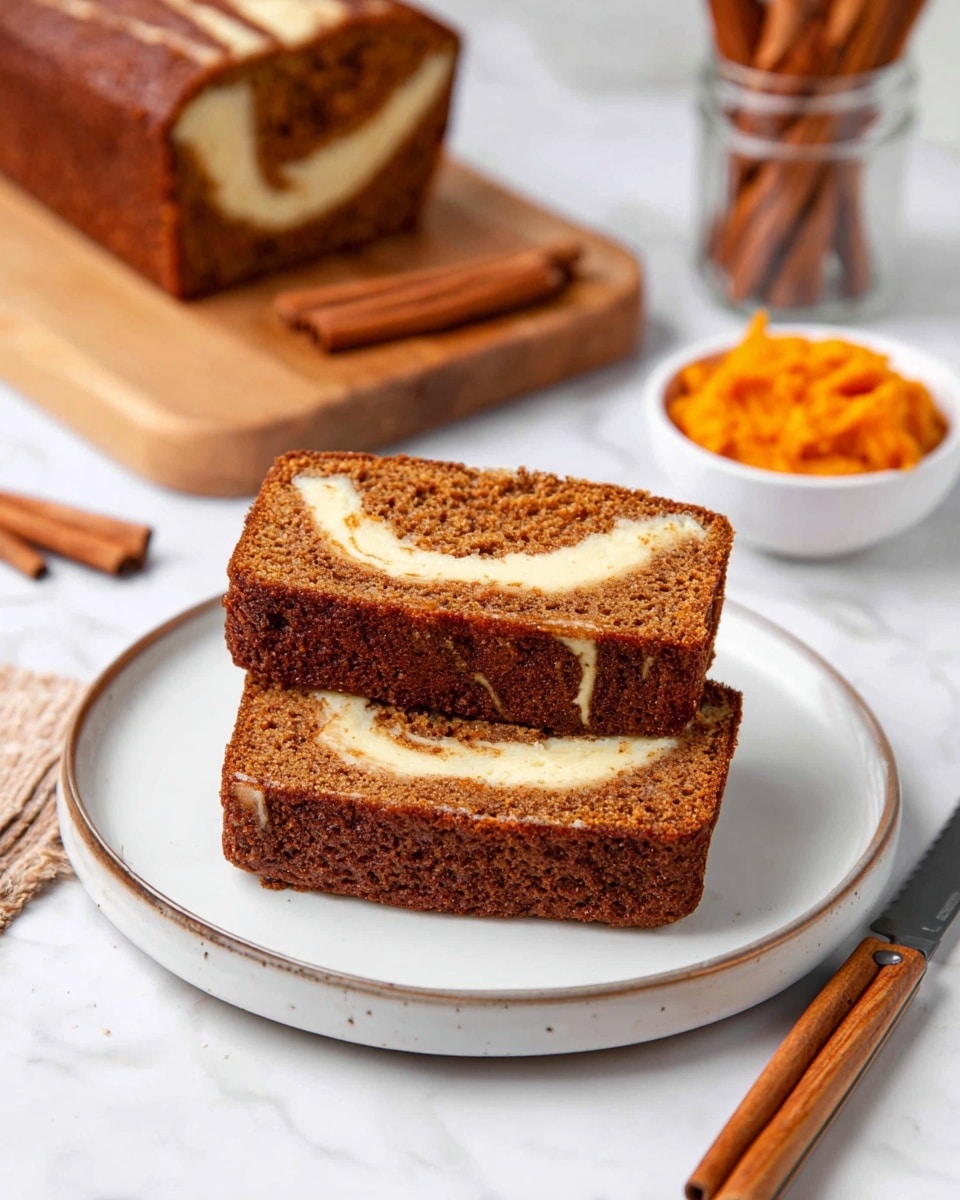 A plate with two rectangular slices of a brown cake stacked on top of each other with a creamy light beige swirl running through the middle layer of each slice. The cake texture looks soft and moist with a speckled brown crust around the edges. In the background, there is a wooden cutting board with a larger piece of the same cake and a glass jar filled with cinnamon sticks. To the side on the white marbled surface, there is a small bowl of bright orange pumpkin puree and a serrated knife with a wooden handle lying next to a few cinnamon sticks. Photo taken with an iphone --ar 4:5 --v 7