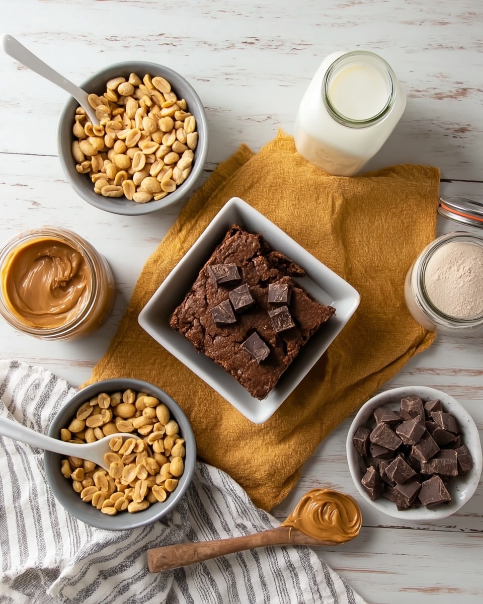 The image shows a square chocolate dessert in a white square bowl, topped with several dark chocolate chunks. The bowl is placed on folded light brown cloth on a white marbled surface. Surrounding the dessert are various ingredients: a white bowl filled with round dark chocolate chips at the front, a light brown bowl filled with split yellow lentils sitting on a striped gray and white cloth on the left, and another light brown bowl filled with whole chickpeas with a white spoon resting on top behind it. There's also a small glass jar containing a light brown creamy substance and a small white bowl with brown sugar. A glass of white milk is placed near the back on the white marbled surface. A wooden spoon holds a few more dark chocolate chunks on the right side next to the dessert. photo taken with an iphone --ar 4:5 --v 7