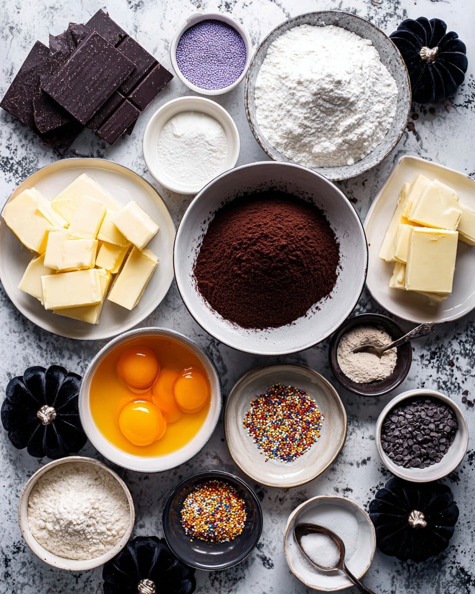A top view of various baking ingredients arranged neatly on a white marbled surface; there are white bowls and small plates holding layers of different items, including a bowl piled high with dark brown cocoa powder at the center, next to a bowl of white powdered sugar with a textured, powdery surface; nearby a bowl of bright orange egg yolks in liquid form contrasts with a larger bowl full of white granulated sugar; stacked squares of dark chocolate cover a small white plate, while two plates hold rectangular blocks of pale yellow butter; smaller bowls contain pale beige flour, a mix of colorful orange, purple, and black sprinkles, and a dark liquid with a spoon; small round dishes hold white salt, baking soda, and more cocoa powder; the arrangement is surrounded by decorative black velvet pumpkin shapes; photo taken with an iphone --ar 4:5 --v 7