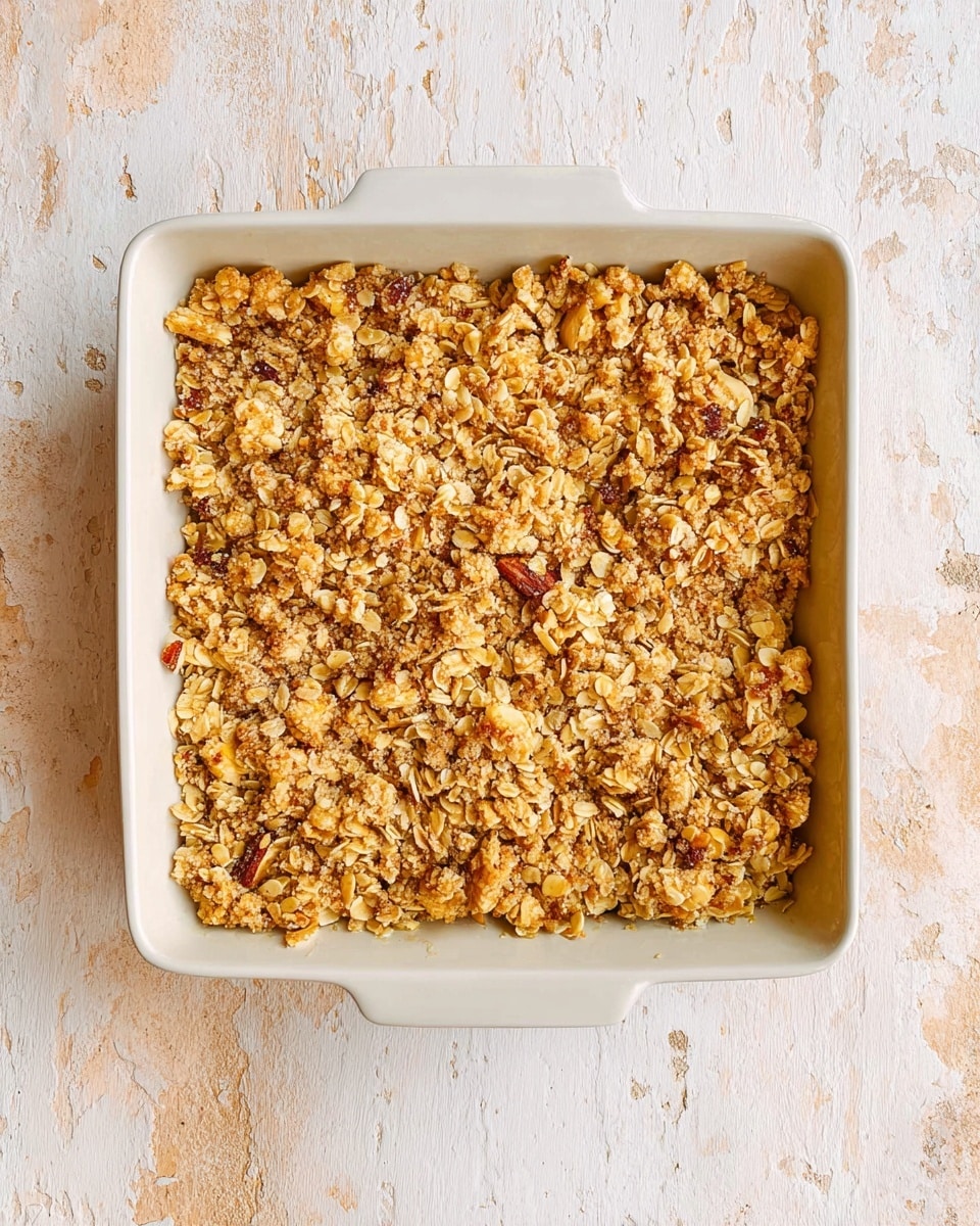The image shows a square white baking dish filled with a single thick layer of oat crumble topping. The crumble is golden brown with visible large clusters of oats and small pieces of nuts scattered throughout. The surface beneath the dish is a light wood texture with some worn patches and chipped paint, but in the description imagine a white marbled texture instead. The crumble looks crunchy and uneven, covering the dish fully with no other visible layers. Photo taken with an iphone --ar 4:5 --v 7