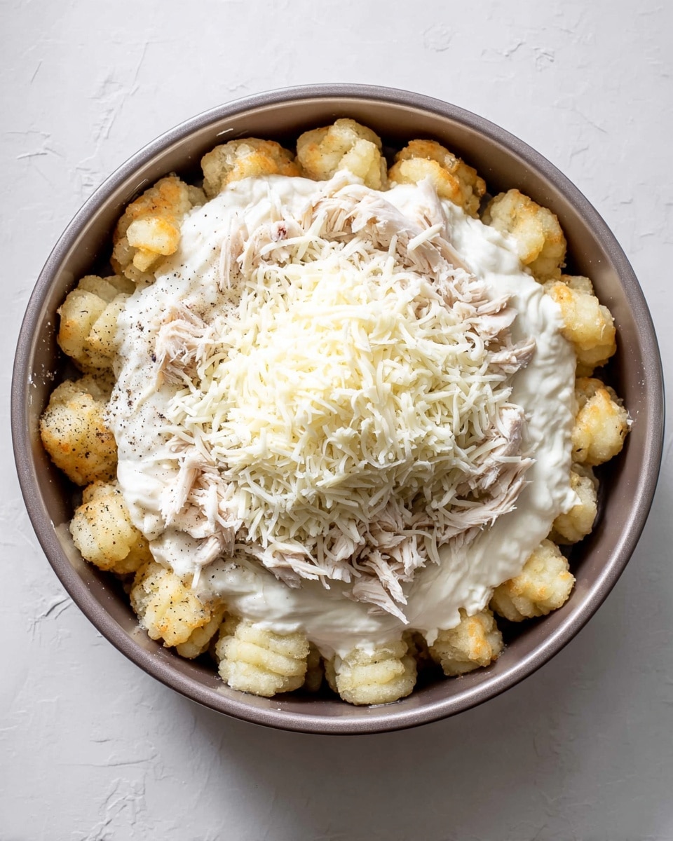 A round bundt pan with four layers of ingredients shown in steps: the first layer is golden brown gnocchi pieces sprinkled with black pepper evenly spread in the bottom; the second layer adds light brown shredded cooked chicken placed on top of the gnocchi; the third layer covers the chicken and gnocchi with a thick, smooth, white creamy sauce spread evenly; the fourth layer finishes with a generous amount of finely grated white cheese covering the creamy sauce. The scene is set on a white marbled surface. photo taken with an iphone --ar 4:5 --v 7