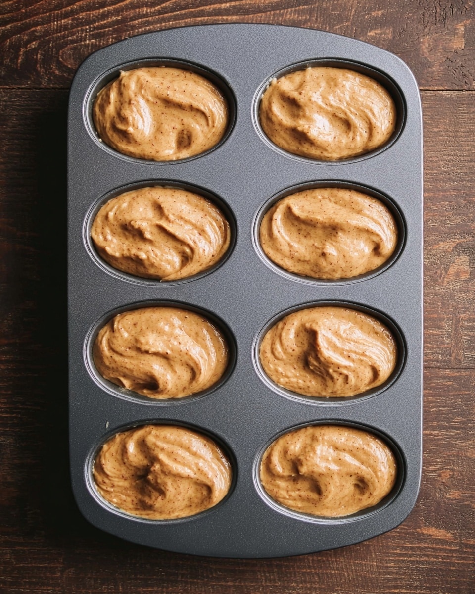 The image shows a dark gray metal baking tray with ten oval-shaped molds filled with raw batter. The batter is light brown with visible small specks, giving it a slightly textured look. Each mold is evenly filled, with the batter spread smoothly but showing some swirls and small peaks on the top surface. The tray sits on a dark wooden surface, but the background should be imagined as white marble instead. There are no other objects or hands in the frame. photo taken with an iphone --ar 4:5 --v 7