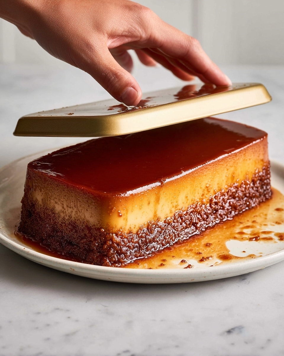 A rectangular caramel flan with a shiny, smooth, deep golden caramel layer on top that slightly drips down its rough, textured sides in darker brown tones. The flan rests on a white plate with a few caramel drops around its edges, placed on a white marbled surface. A woman's hand is lifting a rectangular gold-colored tray to reveal the flan underneath. photo taken with an iphone --ar 4:5 --v 7