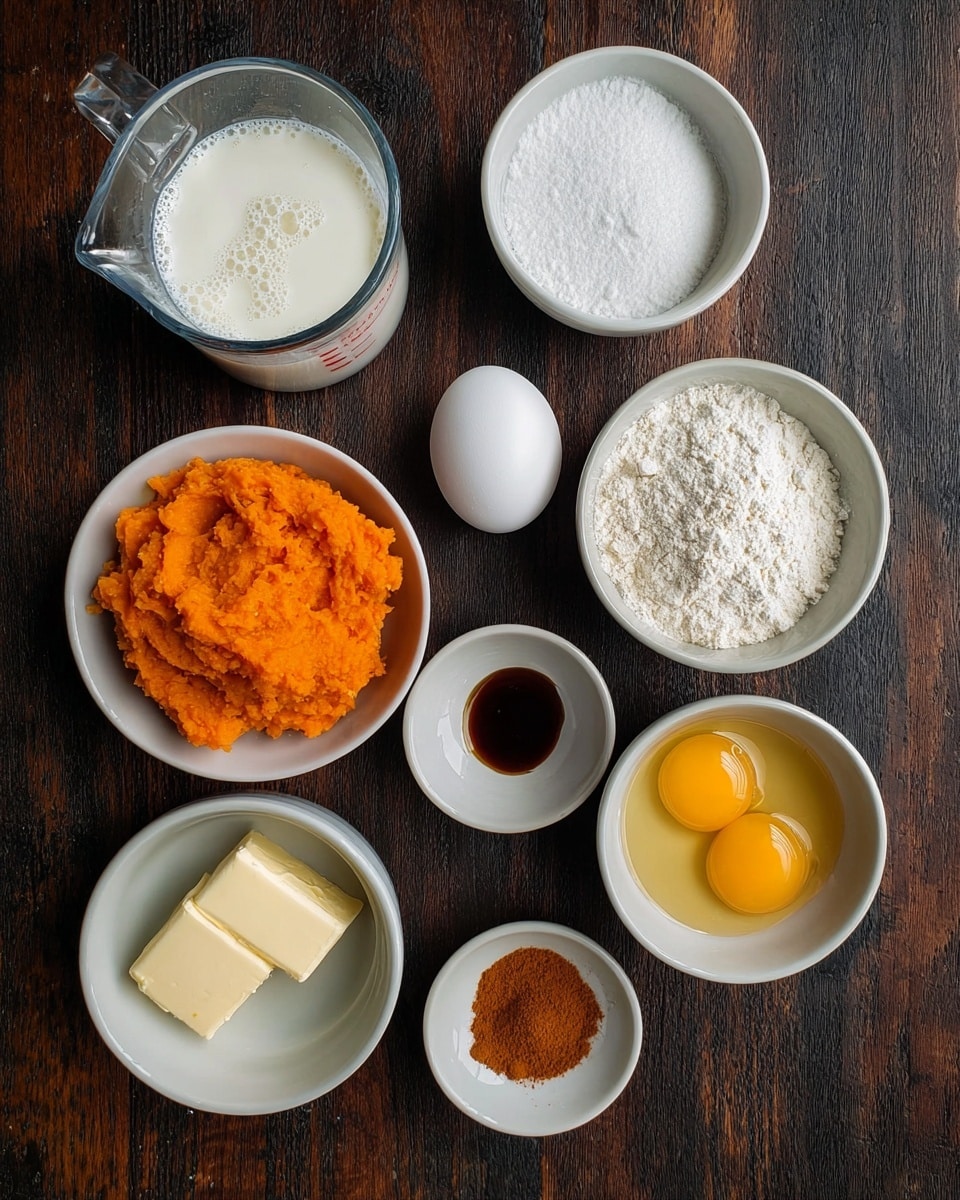 The image shows eight small white bowls and a small clear measuring cup arranged on a dark wooden surface. Starting from the top, the measuring cup contains white milk with some bubbles. Below it, a white bowl holds bright orange mashed sweet potato with a slightly rough texture. To the right of this, a white bowl contains a whole white egg. To the left, another white bowl has two small rectangular pieces of pale yellow butter. Below the mashed sweet potato, a white bowl is filled with white granulated sugar, and to its right, a white bowl contains white flour with a soft, powdery texture. Below the sugar, a tiny white bowl holds a dark, thick liquid that looks like vanilla extract. To the right of this, a white bowl shows two bright yellow egg yolks. Finally, in the bottom right, a small white bowl holds a small amount of brown ground cinnamon. In the bottom left corner, a tiny white bowl has a pinch of white salt. The whole setup is on a white marbled surface. photo taken with an iphone --ar 4:5 --v 7
