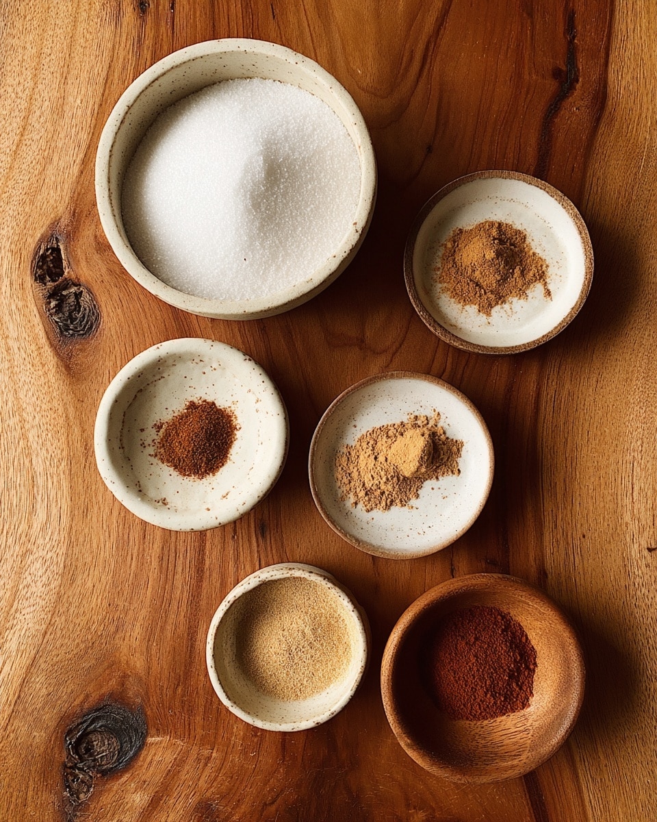 The image shows seven small bowls placed on a wooden surface. The largest bowl, positioned in the lower left, is white and filled with fine white sugar. Around it, there are six smaller bowls: three white speckled bowls, each holding a small pile of different brown spices of varying shades and textures, and three plain brown bowls with one containing a light brown powder and another a reddish-brown powder. The bowls are arranged in a casual, scattered manner. The background is a warm wood with strong grain lines and natural knots visible, adding texture to the scene. photo taken with an iphone --ar 4:5 --v 7