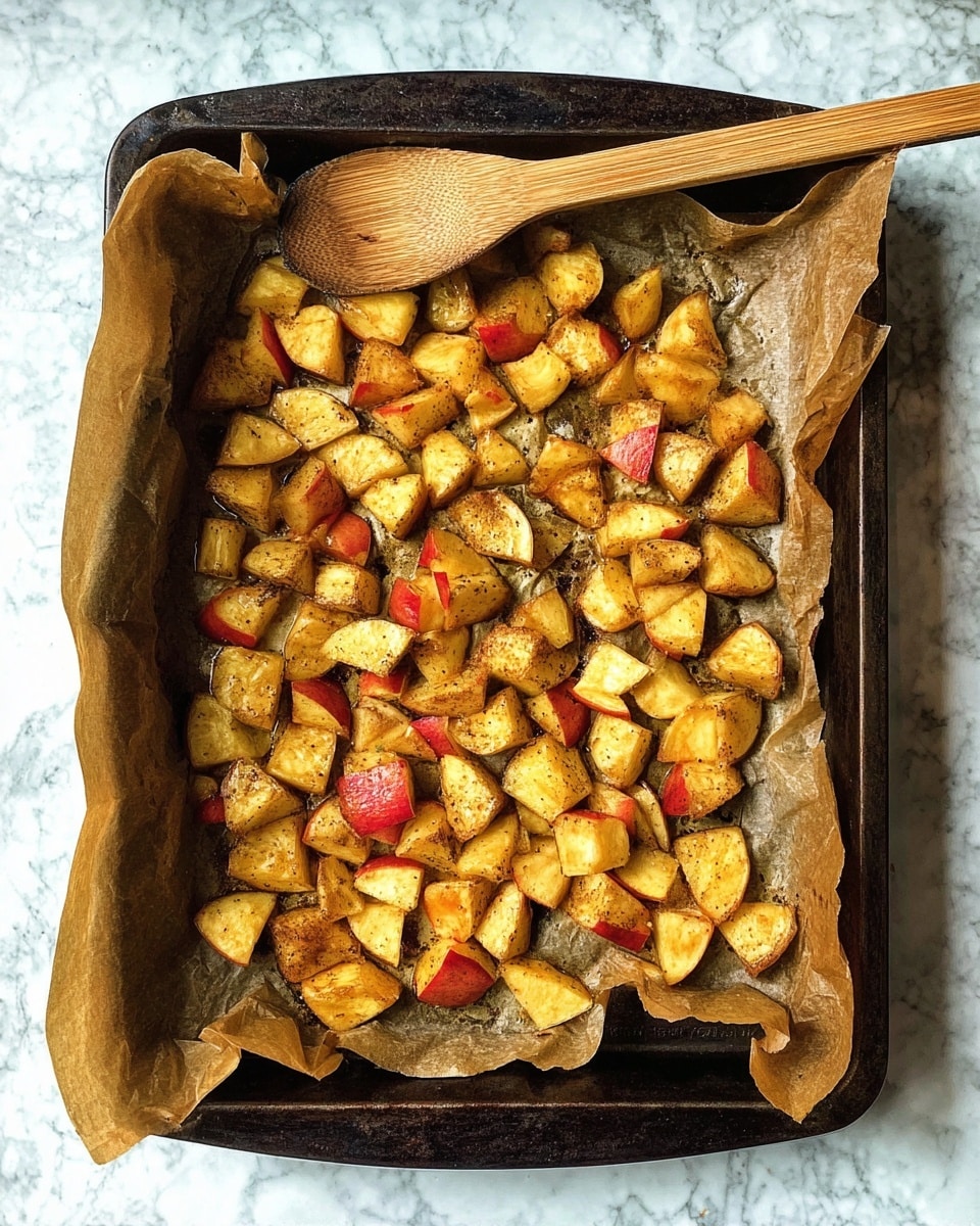 A dark metal baking tray holds crinkled brown parchment paper filled with roasted small apple pieces. These apple chunks are golden-yellow with reddish skin patches, lightly browned and spread evenly across the parchment. A light wooden spoon rests on the top edge inside the tray. The tray sits on a white marbled surface. photo taken with an iphone --ar 4:5 --v 7