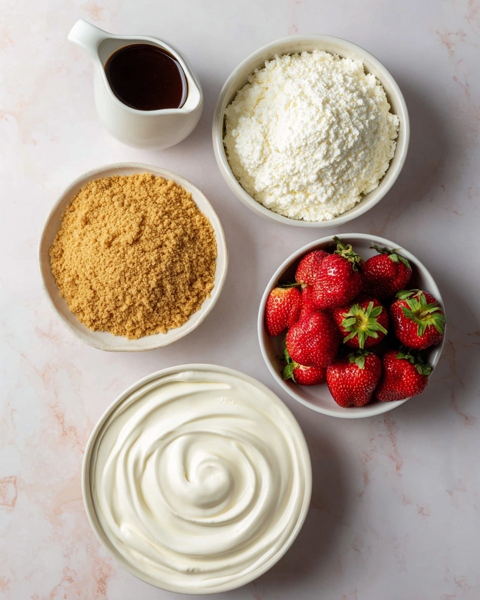 The image shows five white bowls on a white marbled surface. The largest bowl at the bottom contains smooth, creamy white yogurt with a swirl pattern on top. Above it to the left, there is a bowl filled with golden brown crushed biscuit crumbs with a rough texture. To the right of the biscuit crumbs, there is a bowl of white ricotta cheese with a soft, grainy texture. Next to the ricotta, a small white pitcher holds thick dark brown syrup. The last bowl, positioned to the right and slightly below the syrup, is filled with fresh red strawberries with green leaves, displaying a shiny, fresh texture. photo taken with an iphone --ar 4:5 --v 7