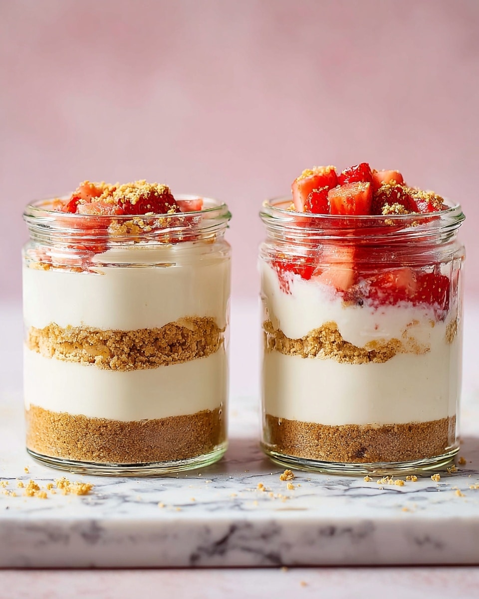 The image shows two glass jars filled with a layered dessert, placed on a white marbled surface. Each jar has four layers: the bottom layer is a light brown crumbly crust, followed by a thick smooth white cream layer. Above that is another crumbly light brown layer, and the top layer is a smooth white cream. The jar on the right has a fifth layer of small chopped red strawberries on top of the cream, sprinkled with light brown crumbs. The background is plain and soft pink. photo taken with an iphone --ar 4:5 --v 7