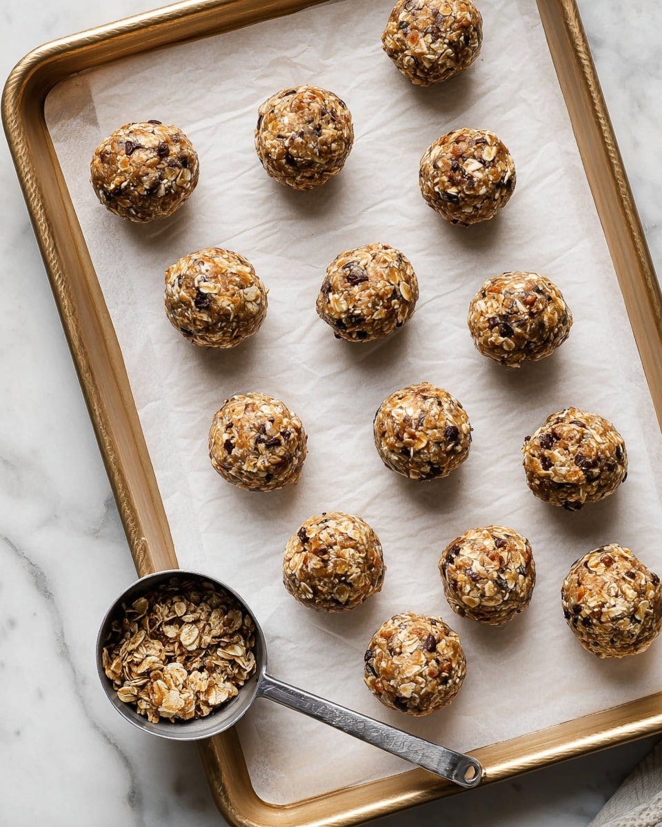 The image shows a baking tray with a gold edge, lined with white parchment paper, holding fifteen round energy balls made of oats, nuts, and chocolate chips, giving them a textured look with light brown, beige, and dark brown colors mixed throughout. Near the bottom left, a metal cookie scoop is filled with the same oat mixture, resting on the paper. The tray sits on a white marbled surface, adding a clean backdrop to the scene. photo taken with an iphone --ar 4:5 --v 7