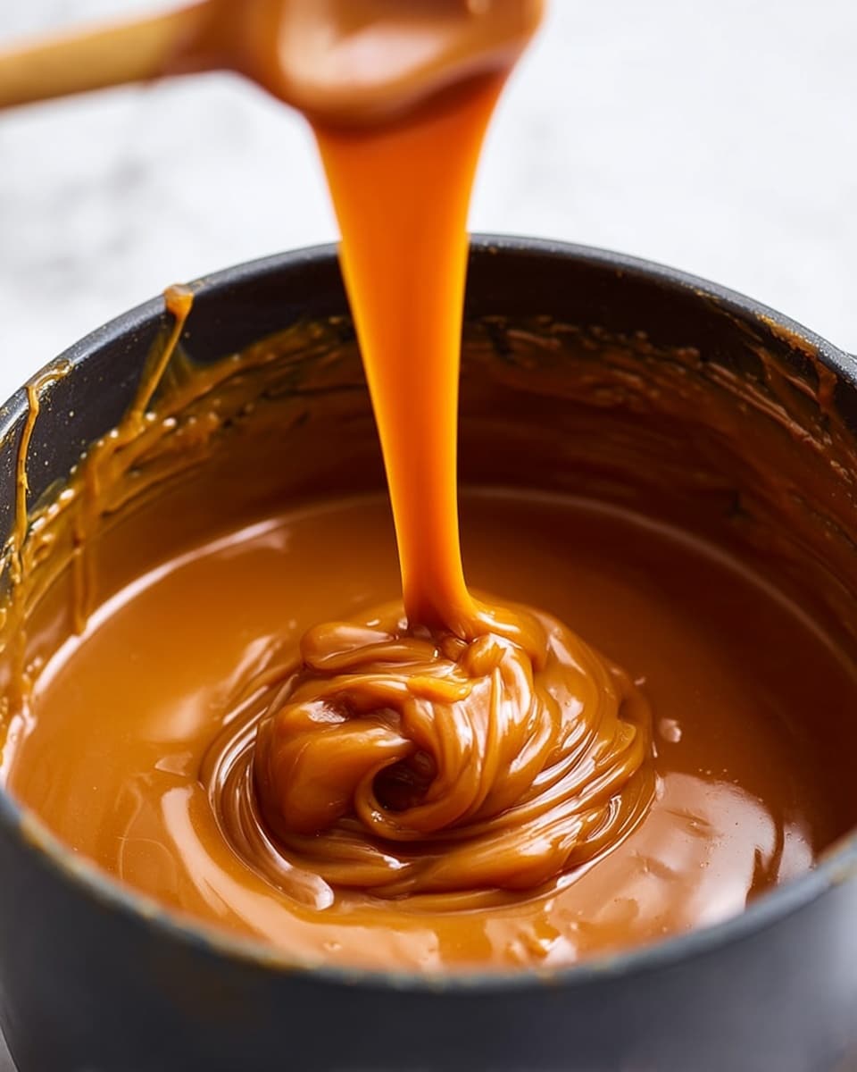 A close-up view of a black pot filled with thick, smooth shiny caramel sauce in a rich orange-brown color. The caramel flows in a thick ribbon from a blurred wooden spoon above, slowly coiling in the center of the sauce below. The inside walls of the pot have caramel streaks clinging unevenly. The background is a white marbled texture. photo taken with an iphone --ar 4:5 --v 7