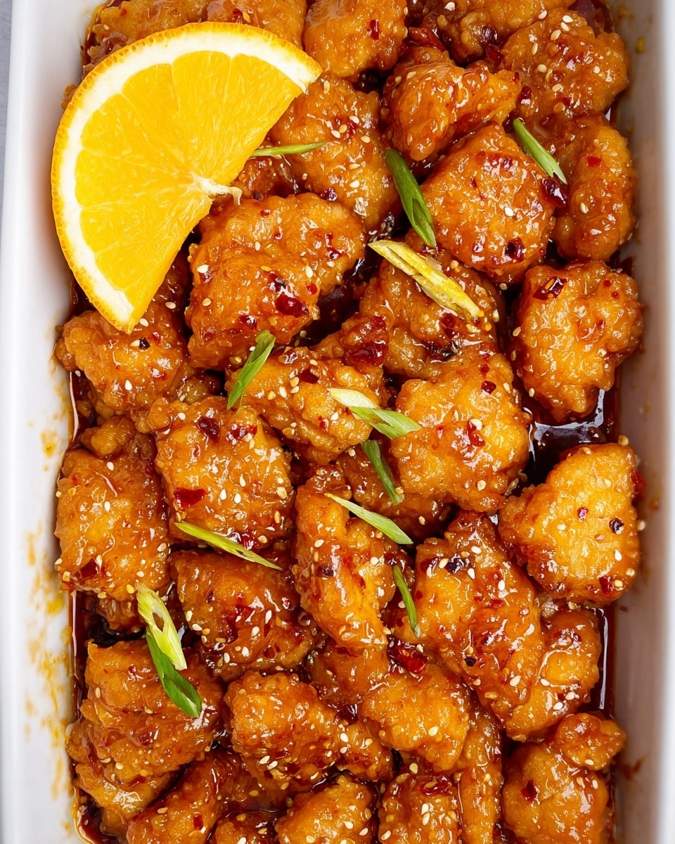 The image shows a white rectangular dish filled with many crispy, golden-brown pieces of fried chicken evenly coated in a shiny, sticky orange sauce. The chicken pieces have a slightly rough texture with the sauce making them glisten. On top, there is a bright orange wedge placed near the upper left side of the dish. Small pieces of green onion and white sesame seeds are sprinkled over the chicken, adding color contrast. The sauce pools slightly at the edges of the dish, with hints of red chili flakes visible under the glaze. The white marbled surface below the dish is clean and bright. photo taken with an iphone --ar 4:5 --v 7