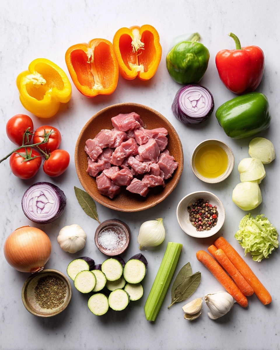 A flat layout on a white marbled surface shows various fresh ingredients arranged evenly. At the center, a round wooden bowl holds pieces of raw pink meat with some white fat. Around it are bright yellow bell pepper halves showing smooth inside textures, a cluster of red tomatoes on the vine, a whole green bell pepper, and sliced eggplants with purple skin and white flesh with seeds. There are also whole and sliced vegetables like a light green zucchini, whole carrots and carrot slices, celery stalks with leaves, yellow onions, a round red onion, whole garlic cloves in a small wooden bowl, and chopped celery pieces. Small white bowls hold coarse salt and mixed black, white, and pink peppercorns. Two dried bay leaves lie near the center. A small bottle of light oil completes the set. The colors are vibrant, and the textures range from smooth and glossy to rough and porous, all seen clearly with bright lighting. photo taken with an iphone --ar 4:5 --v 7
