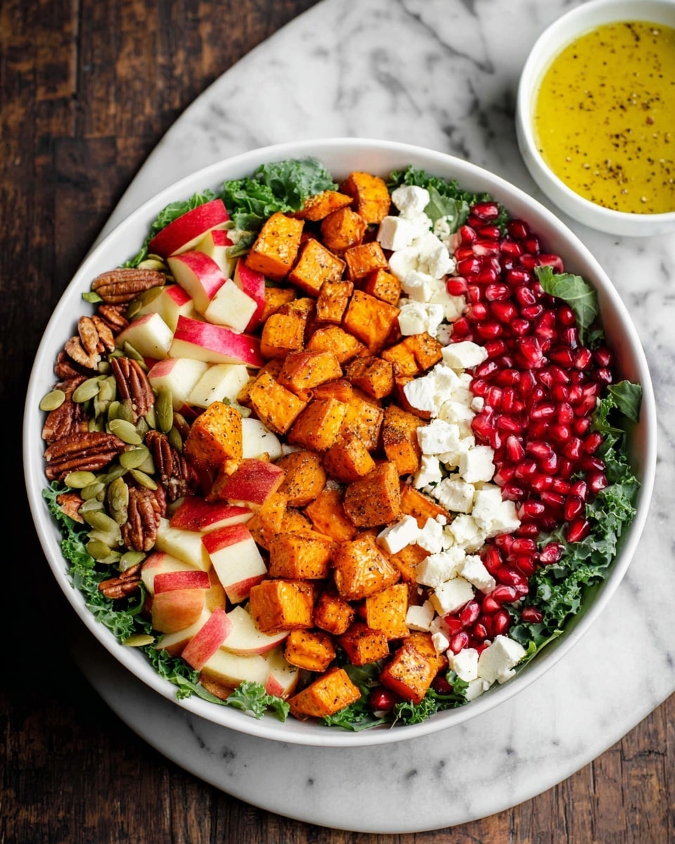 A white bowl filled with a colorful salad is placed on a white marbled surface. The salad has six distinct layers: at the bottom, a green leafy base, likely kale or spinach; on top of this, a row of roasted orange sweet potato cubes takes up a large middle section; next to the sweet potatoes on the right, a strip of bright red pomegranate seeds followed by a row of white crumbled cheese creates a vibrant contrast; on the left side, there is a mix of red-skinned apple chunks and roasted brown pumpkin seeds arranged beside the sweet potatoes. A small white bowl with yellow salad dressing, speckled with black pepper, is nearby on the surface. photo taken with an iphone --ar 4:5 --v 7