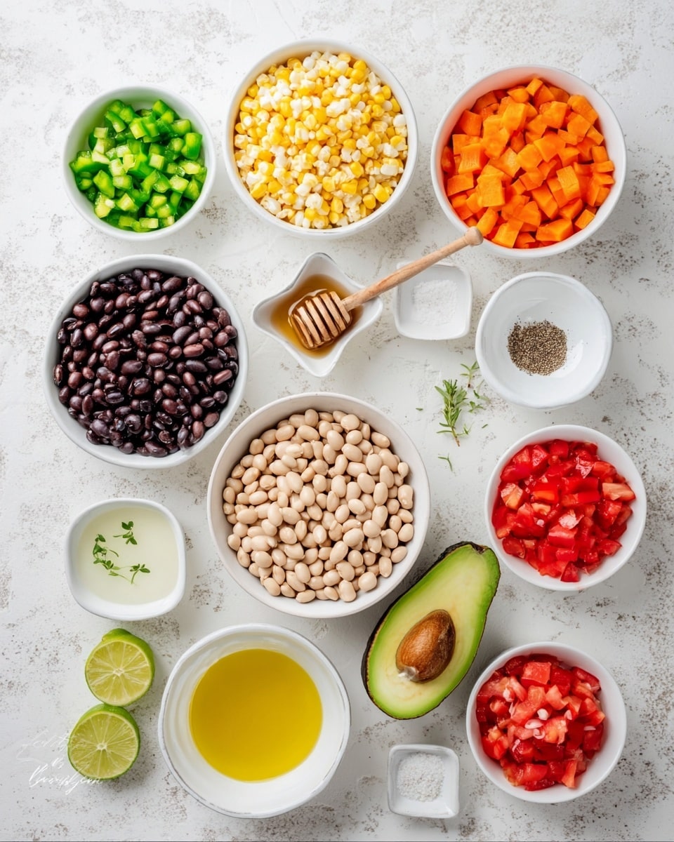 The image shows a top view of various small white bowls arranged on a white marbled surface. Starting from the top left, there is a bowl with green chopped peppers, then a bowl filled with yellow and white corn kernels. Next to it on the right is a bowl of orange chopped bell peppers. Below those bowls, towards the center, there is a bowl with light brown beans, and directly below it, a bowl of light beige beans. On the left side, there is a bowl filled with black beans. Between the black beans and the light brown beans, a small bowl contains golden honey with a wooden honey dipper resting in it. Two very small square white dishes hold ground black pepper and salt, respectively. A small white bowl contains bright yellow olive oil with a sprig of herb floating on it. Below that, another small white bowl holds white liquid, likely lime juice. On the bottom left and bottom center, two lime halves are placed cut side up. On the bottom right, there are two more white bowls filled with finely chopped red tomatoes and finely chopped white onions. To the right side, there is a halved avocado showing its green fruit and large seed. The layout is neat, colorful, and well organized. Photo taken with an iphone --ar 4:5 --v 7