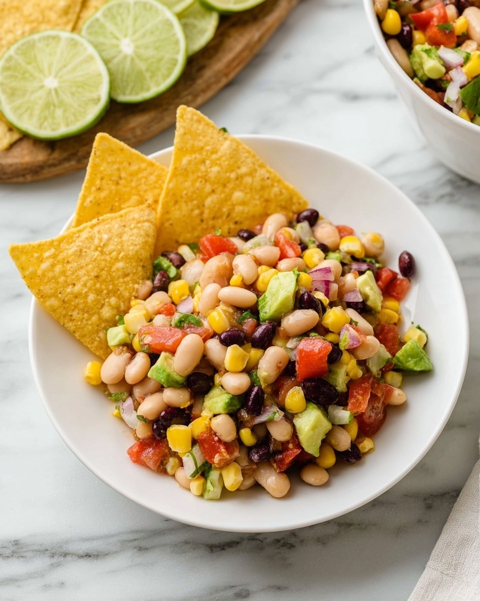 A white plate on a white marbled surface holds a colorful bean salad and two yellow tortilla chips. The salad is made of layers of mixed beans in white, tan, and black, bright yellow corn kernels, small diced red tomatoes, green avocado chunks, and small pieces of white onion, all mixed together. The two tortilla chips lean against the bean salad, their rough texture visible. In the background to the left, there are sliced lime rounds on a wooden board, and to the right, a white bowl with more salad is partially visible. Photo taken with an iphone --ar 4:5 --v 7