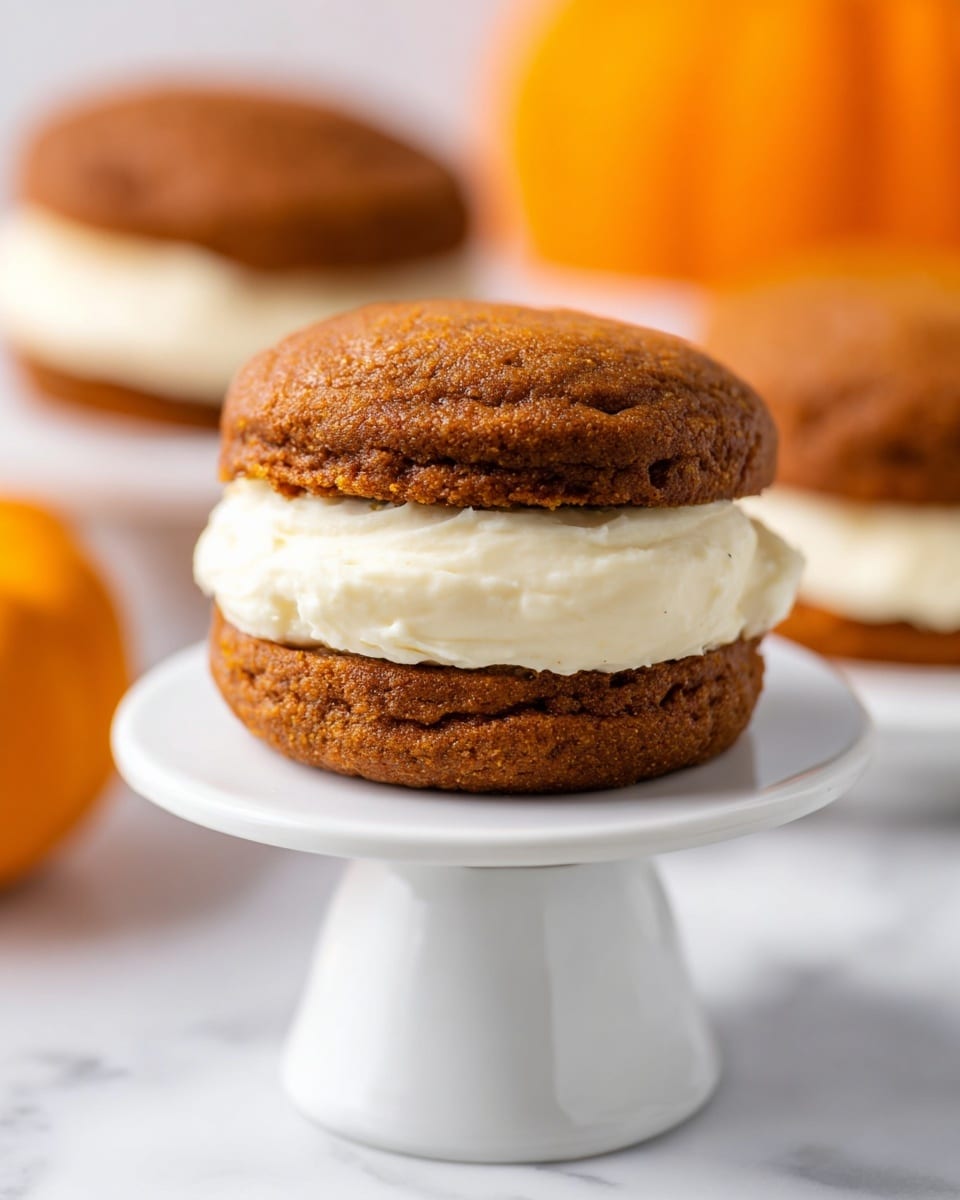 A close-up of a small dessert with two thick, brown cake layers that look soft and slightly cracked, sitting on a white pedestal plate. Between the two cake layers is a thick, smooth, and creamy white frosting layer, slightly rounded on the edges. In the blurry background, there are other similar cakes and a blurry orange pumpkin. The surface under everything is a white marbled texture photo taken with an iphone --ar 4:5 --v 7