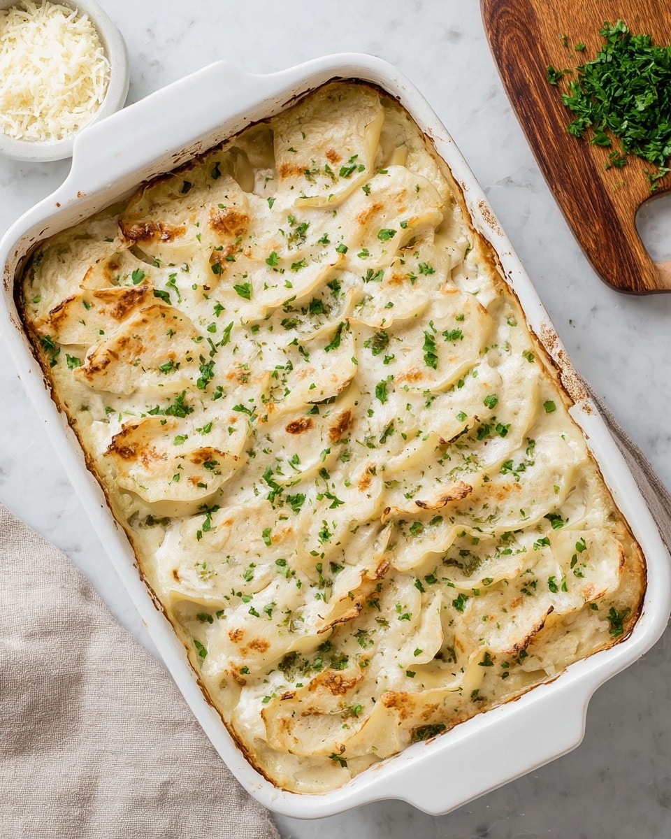 A white rectangular baking dish filled with a layered creamy casserole. The top layer shows soft, pale cream-colored slices of pasta or thin dough slightly browned around the edges, sprinkled with small bright green chopped herbs. The dish appears smooth and lightly textured, with some edges curling slightly. The dish is placed on a white marbled surface with a small wooden board holding a white bowl of grated cheese nearby. photo taken with an iphone --ar 4:5 --v 7