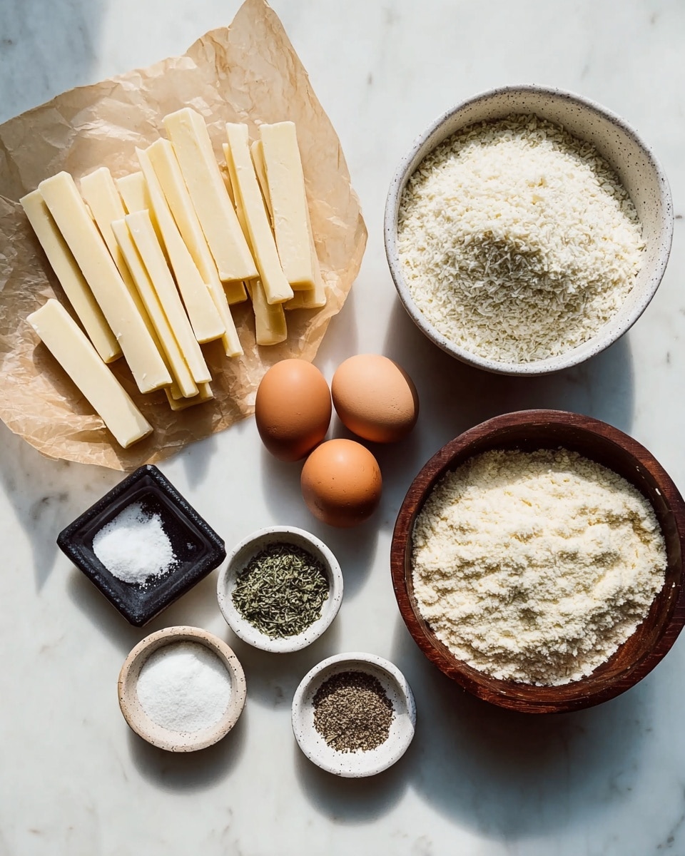 The image shows ingredients for cooking arranged on a white marbled surface. In the center bottom, there is a layer of light brown parchment paper holding many sticks of pale yellow cheese. To the right, there is a dark brown wooden bowl filled with white breadcrumbs, and next to it, a white speckled bowl full of white flour with two brown eggs placed between them. Above the cheese, there are four small dishes arranged in a horizontal line: a black dish with white sea salt, a small wooden bowl with green dried herbs, and two white speckled dishes containing ground black pepper and pale breadcrumbs. The scene has soft natural light, emphasizing the textures and pale colors of the ingredients. photo taken with an iphone --ar 4:5 --v 7