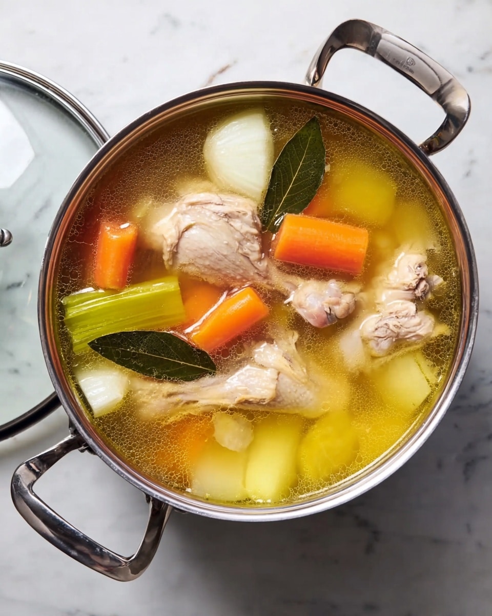 A silver pot filled with clear golden broth containing large pieces of pale cooked chicken with visible bones at the bottom and chopped vegetables floating on top. The vegetables include two thick bright orange carrot chunks, a large pale green celery stick, white onion quarters, and a dark green bay leaf. The pot is on a white marbled surface, with a glass lid with a silver handle placed on the side. The broth has a slight oily sheen, and the ingredients are evenly spaced inside the pot. photo taken with an iphone --ar 4:5 --v 7