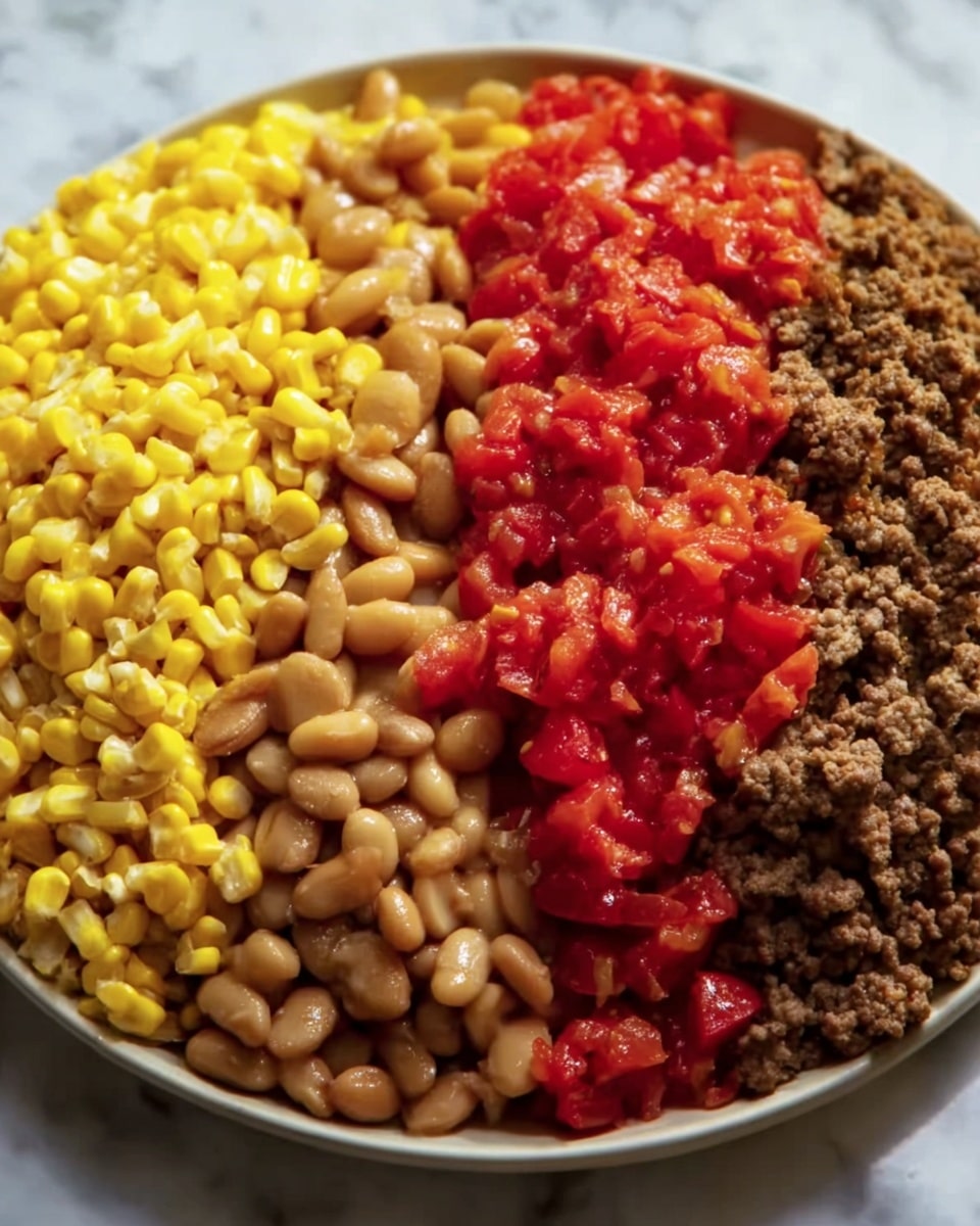 The image shows a close-up of a white plate holding four separate layers of food arranged side by side. Starting from the top left, there is a bright yellow layer of cooked corn kernels. Below it, on the left side, is a layer of light brown cooked beans with a smooth texture. To the right of the beans is a vibrant red layer of chopped tomatoes scattered unevenly. Adjacent to the tomatoes on the far right is a darker brown layer of cooked ground meat with a crumbly texture. The background is a white marbled surface. Photo taken with an iphone --ar 4:5 --v 7