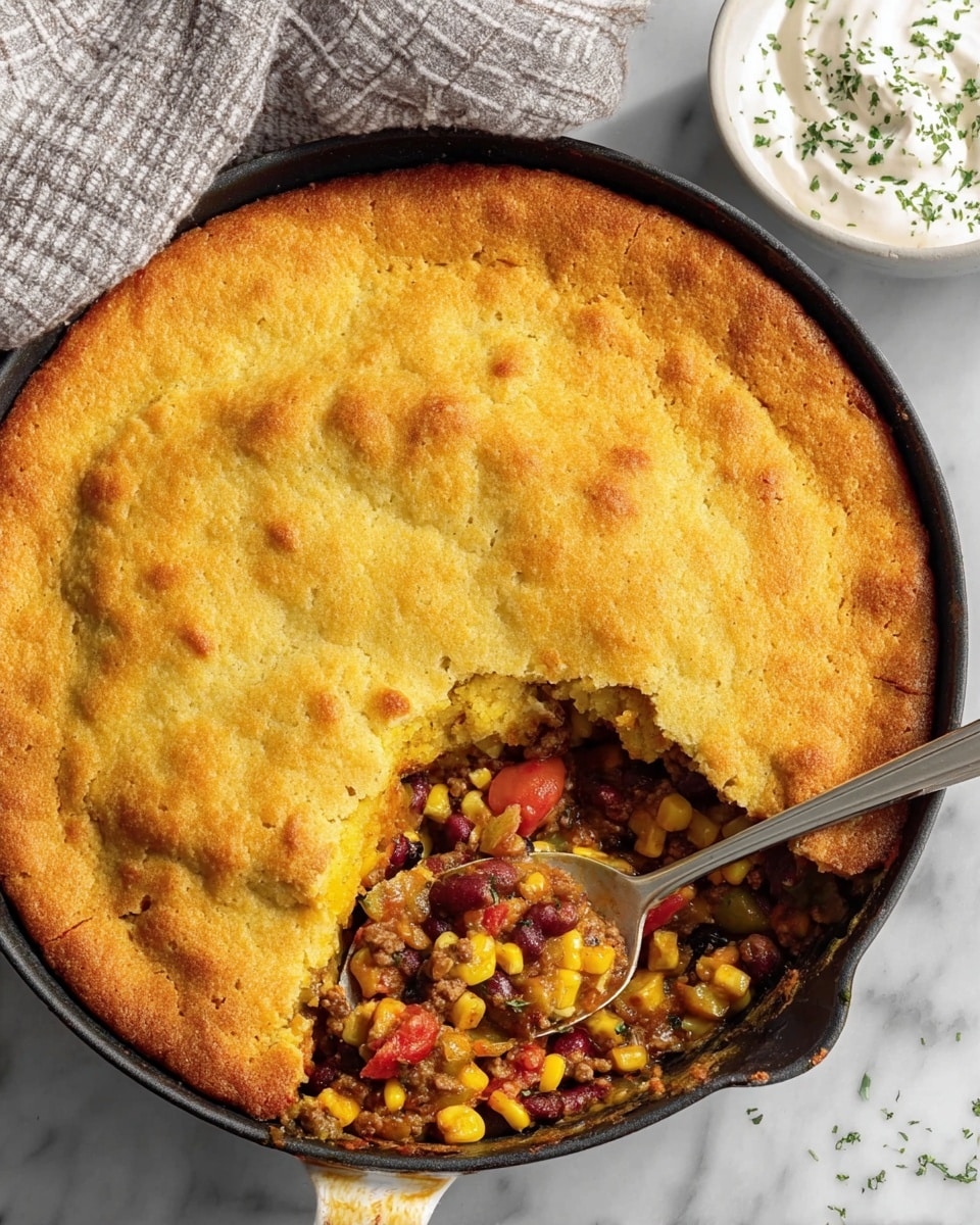 A round black pan filled with a golden brown, slightly bumpy baked crust covering a mixed filling. One section of the crust is scooped out, revealing a colorful layer underneath that includes yellow corn kernels, red tomato pieces, brown beans, and ground meat mixed together. A silver spoon rests inside the scooped area, surrounded by the layers of filling. The pan sits on a white marbled surface with a soft gray and white checkered cloth partially visible above it. Next to the pan is a white bowl with a dollop of white sauce topped with a sprinkle of herbs. Photo taken with an iphone --ar 4:5 --v 7
