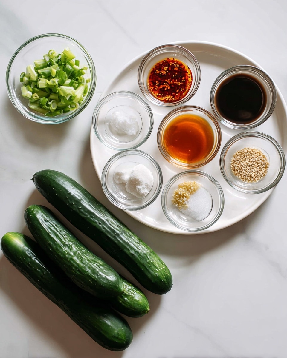 The image shows a white round plate with eight small clear glass bowls arranged on it, each containing different ingredients: a dark brown sauce, an orange-red chili oil with flakes, a light brown liquid, white granulated salt, small white grains, light brown sesame seeds, minced garlic, and a clear liquid. To the left of the plate, there is a small clear glass bowl filled with chopped green onions. Below the plate, six fresh dark green cucumbers are arranged on a white marbled surface. The scene is brightly lit with soft shadows, and the focus is on the ingredients. Photo taken with an iphone --ar 4:5 --v 7
