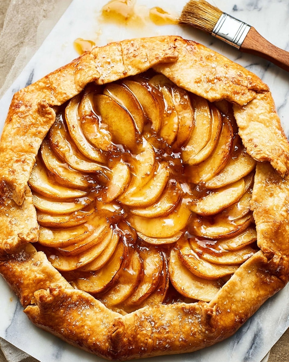 A round rustic apple galette sits on a white marbled surface. It has one main layer of thin, soft golden-brown apple slices arranged in overlapping circles, covering the center. The apples have browned edges and are shiny with a sticky, golden glaze. Around the edge, a thick crust is folded inward in large, uneven pleats, showing a flaky texture and light golden color with a slightly crisp finish. A pastry brush with a wooden handle rests on the top right side. photo taken with an iphone --ar 4:5 --v 7